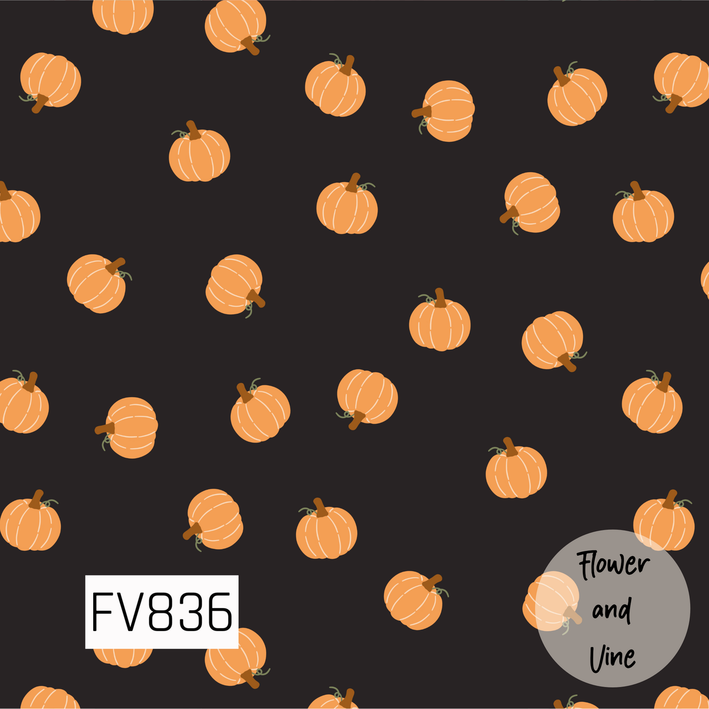 A playful fall print featuring cheerful orange pumpkins scattered across a rich black background. Each pumpkin has simple cream detailing, warm brown stems, and tiny green vines for a charming hand-drawn feel. The dark background makes the bright pumpkins pop, creating a fun, classic autumn look perfect for fall and Halloween designs.