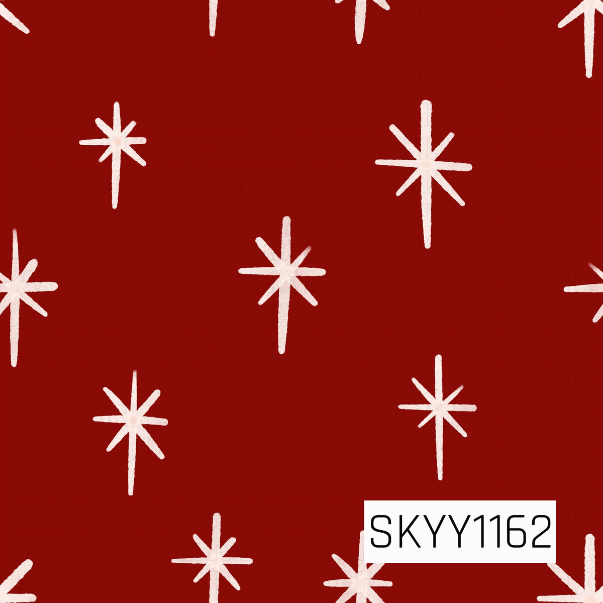 A simple hand-drawn snowflake pattern featuring scattered ivory starburst-style snowflakes on a rich Christmas red background. The imperfect, textured lines give it a playful handmade feel with a classic holiday look.
