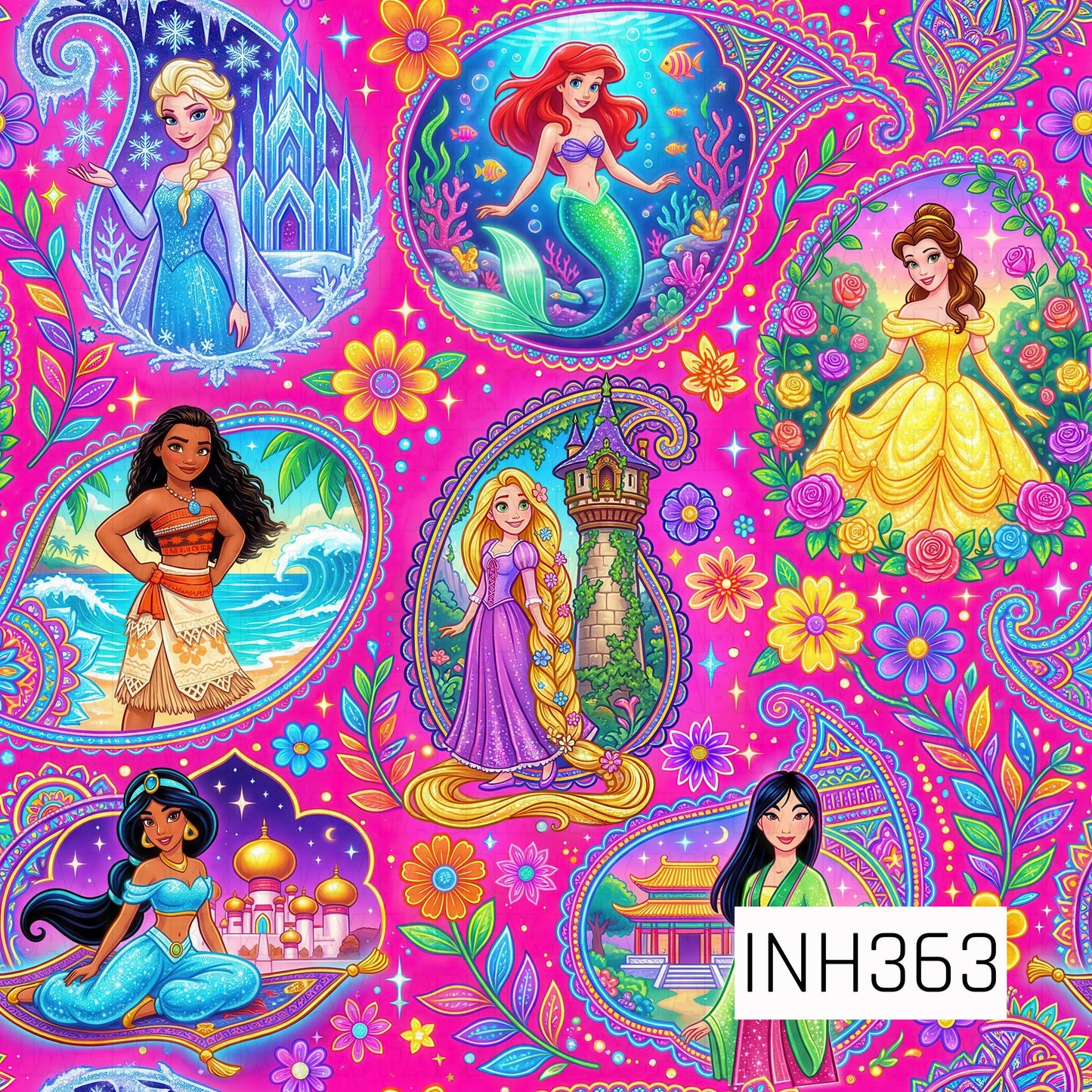 A vibrant seamless pattern featuring storybook-inspired princesses framed in ornate floral and paisley medallions on a bold hot pink background. Surrounded by colorful flowers, swirling vines, sparkling accents, castles, ocean scenes, and magical landscapes, the design blends bright jewel tones of pink, purple, teal, blue, and gold for a whimsical, fantasy-inspired look.