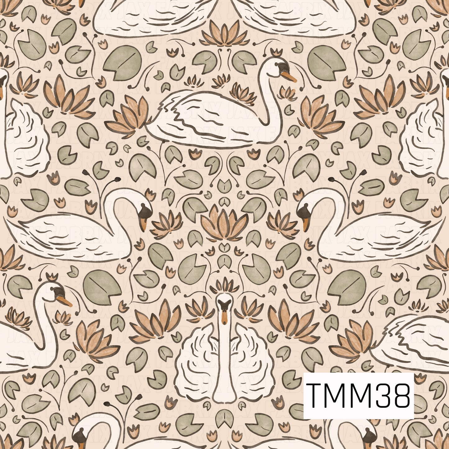 An elegant repeating pattern of graceful white swans surrounded by sage green lily pads, warm brown lotus flowers, and delicate botanical details on a soft cream background. The hand-drawn artwork and muted earthy palette create a timeless, peaceful design inspired by serene pond landscapes.
