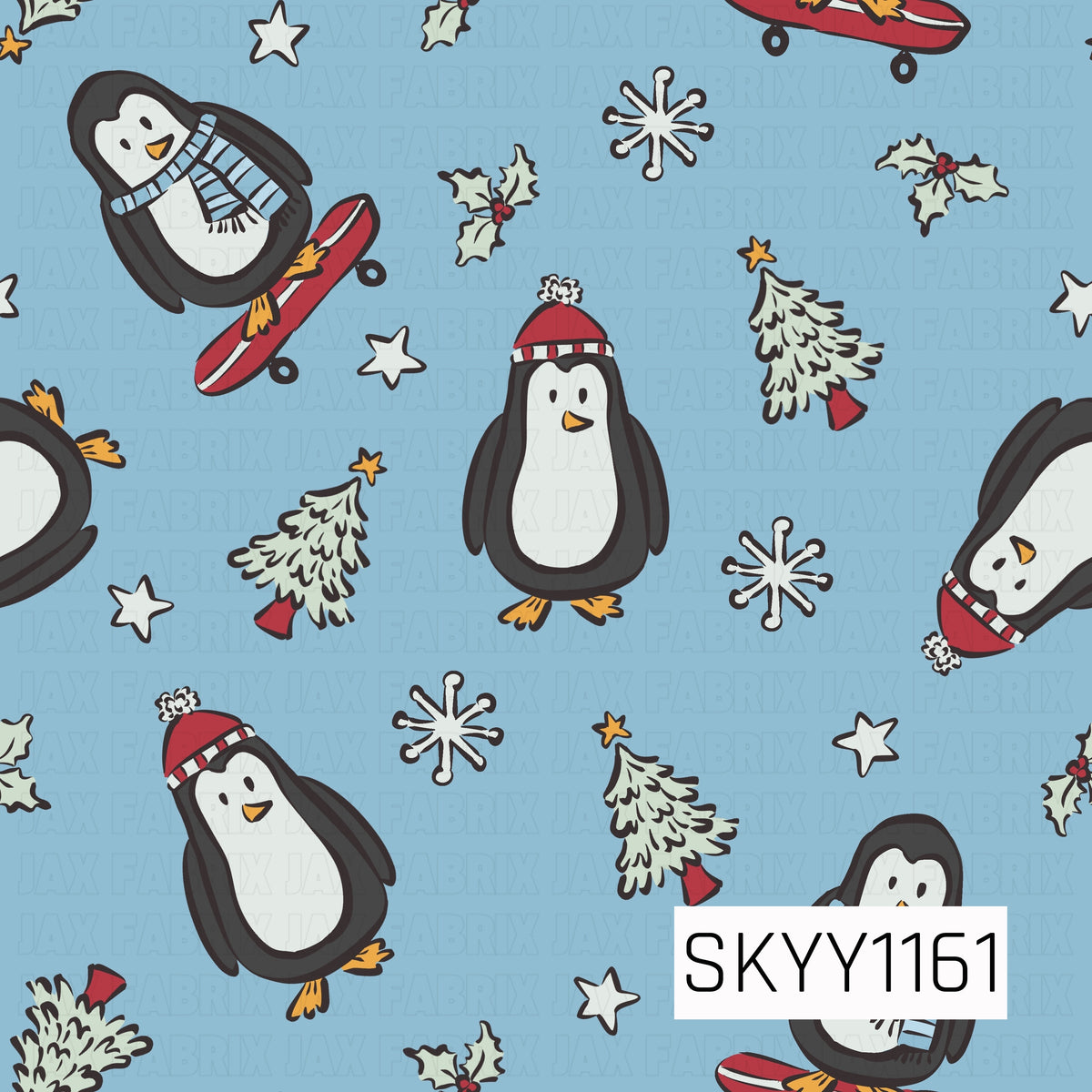 A playful winter pattern featuring adorable penguins dressed in cozy hats and scarves, with some riding red sleds. Snowflakes, snowy Christmas trees, holly, and scattered stars fill the soft blue background for a fun, whimsical holiday feel.