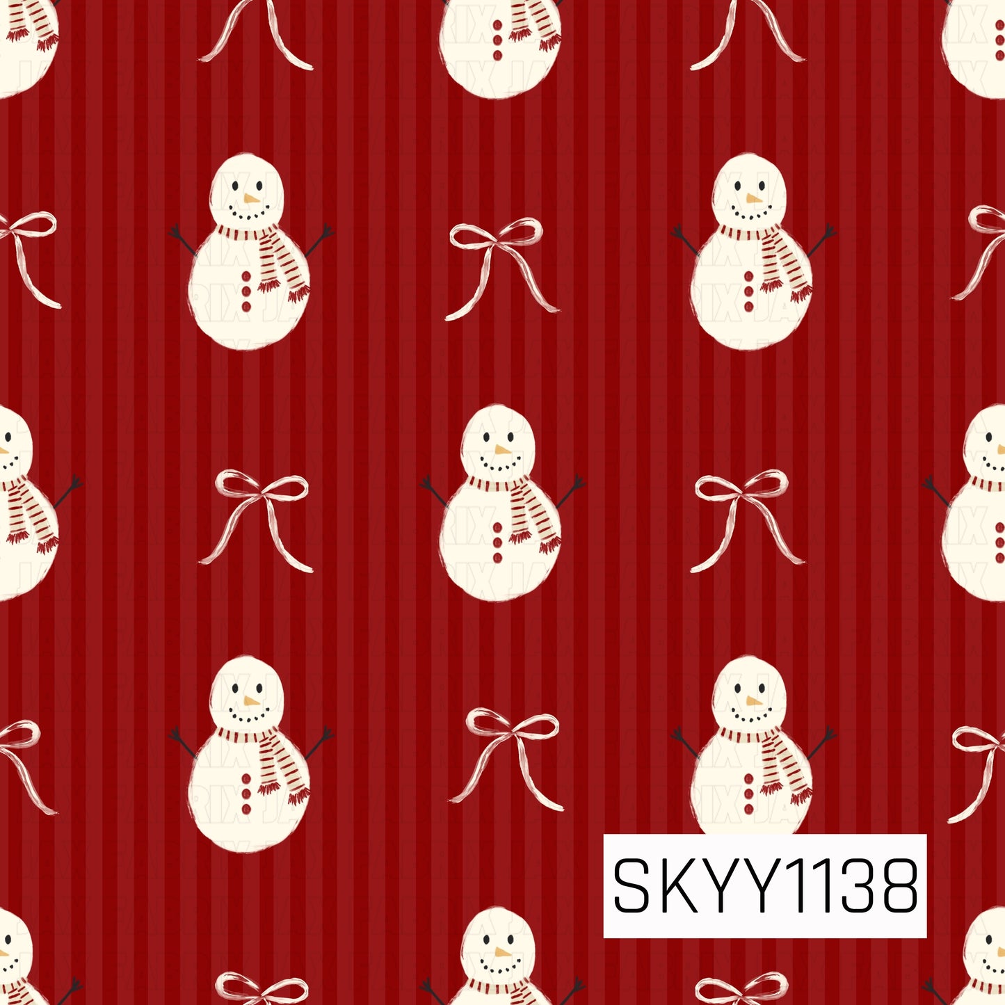 A festive Christmas pattern featuring cheerful snowmen bundled in red-and-cream striped scarves, paired with delicate white hand-drawn bows. The design is set against a rich red background with subtle tonal vertical stripes for a cozy, classic holiday look.