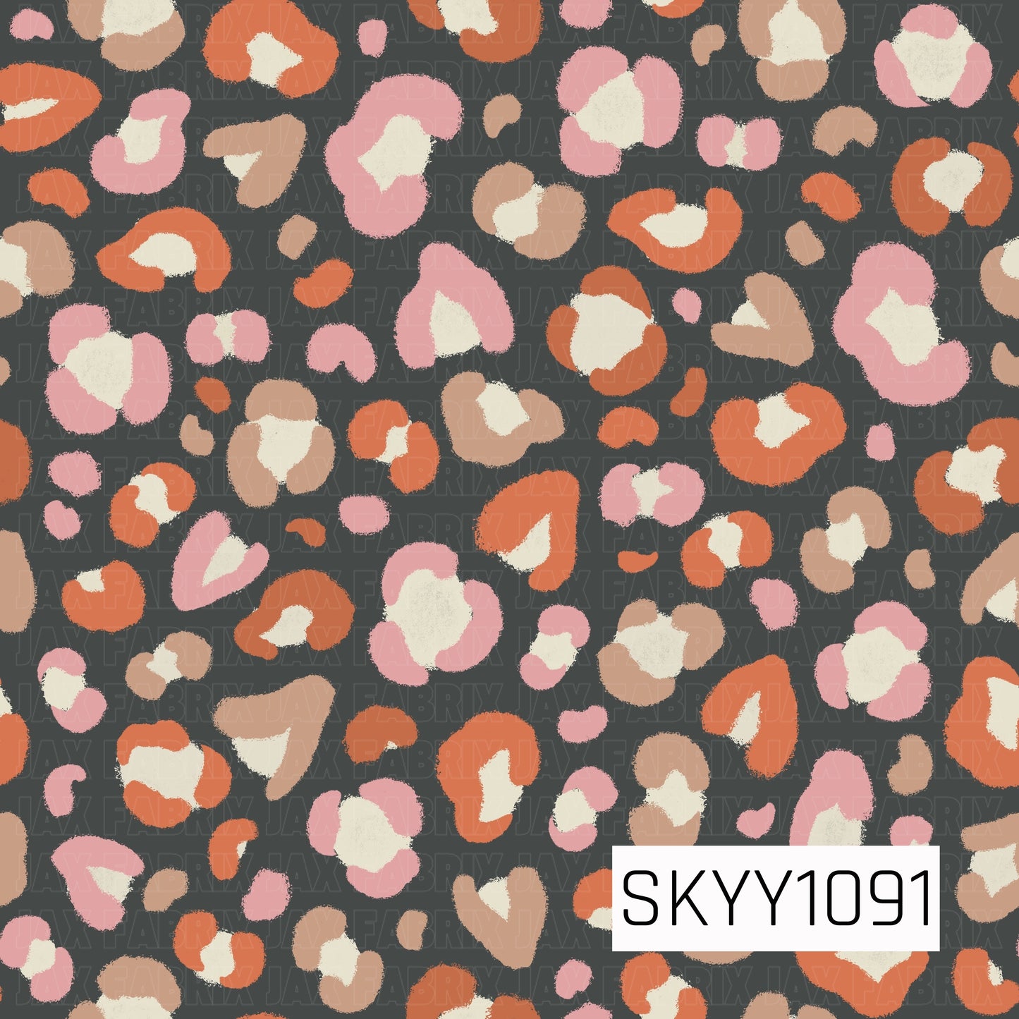 A trendy seamless animal print featuring abstract leopard spots in soft pink, warm orange, beige, and creamy ivory scattered across a charcoal gray background. The playful fall-inspired color palette gives this classic cheetah print a modern, stylish twist with a subtle textured look.