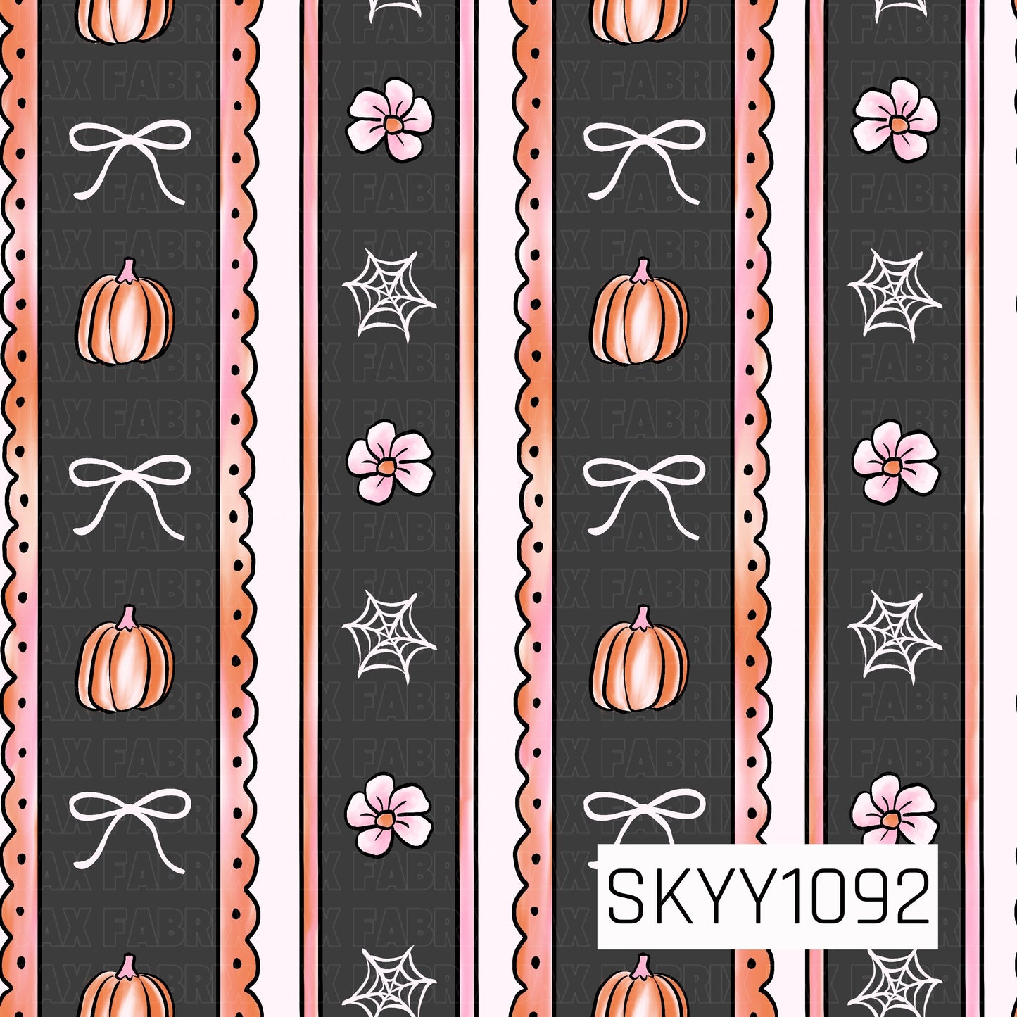A charming seamless stripe pattern featuring alternating charcoal gray and blush pink vertical bands accented with scalloped borders. Delicate white bows, soft peach pumpkins, pink flowers, and white spider webs are scattered throughout, creating a sweet Halloween-inspired design with a feminine, vintage feel.