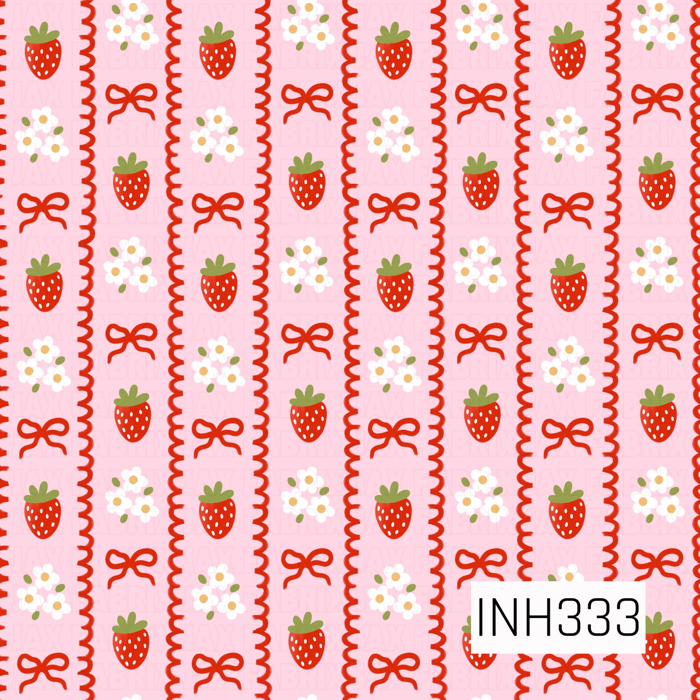 Sweet strawberry stripes featuring bright red berries, tiny white blossoms, and dainty ribbon bows arranged in alternating pink panels with scalloped red borders. The playful layout creates a charming vintage-inspired berry patch feel.