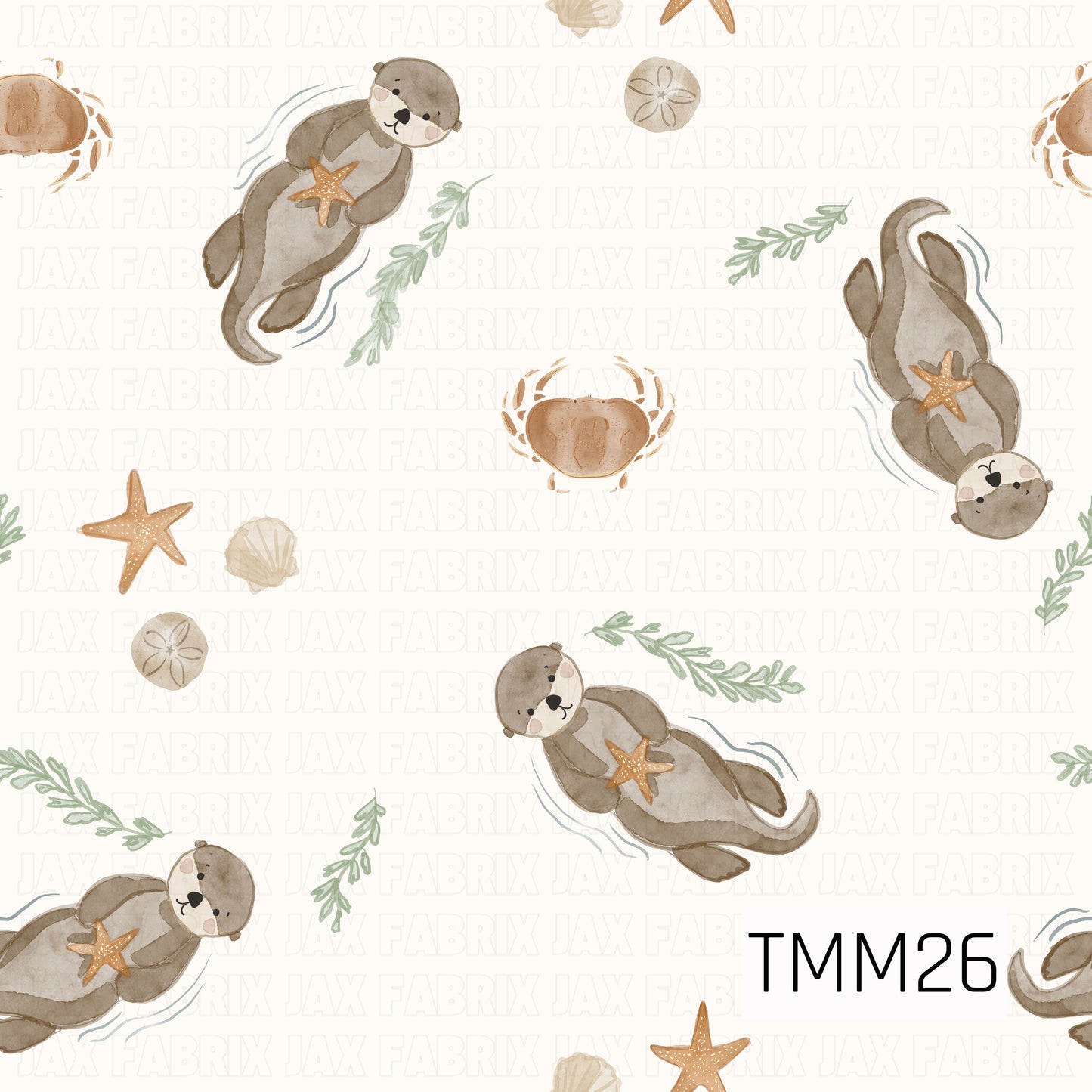 A charming watercolor-style pattern featuring playful sea otters floating across a soft cream background. The otters hold sandy tan starfish and are surrounded by sage green seaweed, seashells, sand dollars, crabs, and delicate blue water accents. The gentle palette of cream, tan, brown, sage green, and soft blue creates a sweet, coastal-inspired design with a light and airy feel.