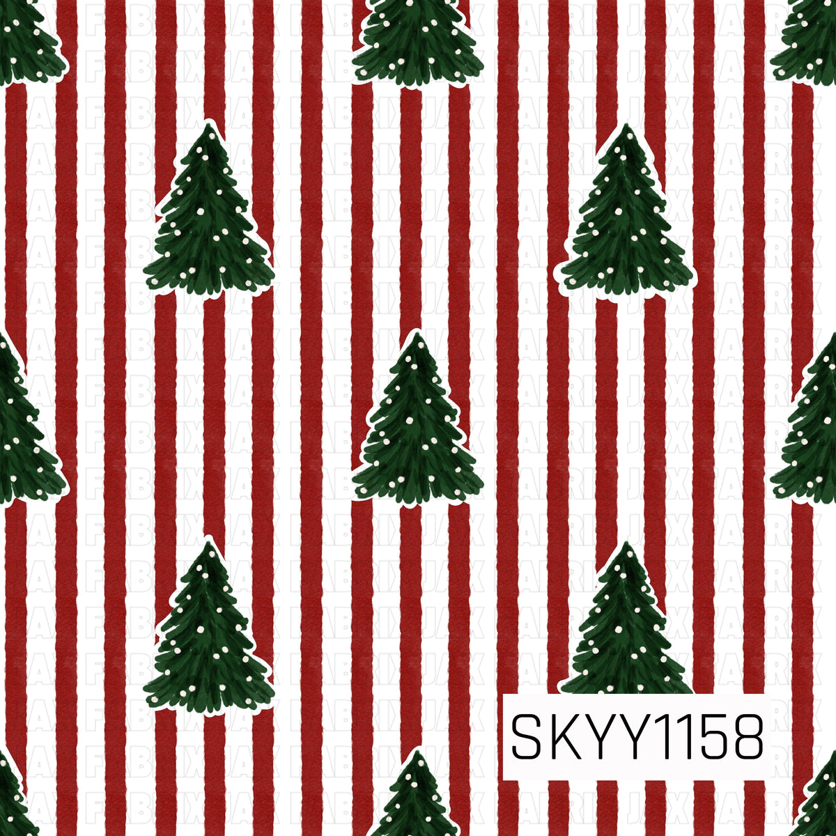 A festive hand-drawn pattern featuring classic evergreen Christmas trees scattered over vertical deep red stripes on a crisp white background. Small white accents give the trees a snowy look, while the traditional red, green, and white palette creates a cozy holiday feel.