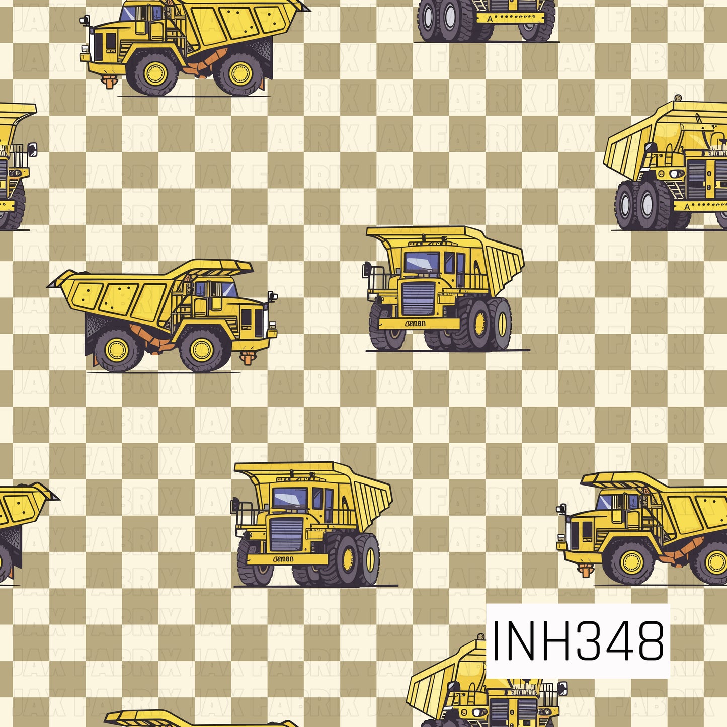 A construction-themed pattern featuring detailed yellow dump trucks scattered across a warm beige and cream gingham background. The trucks are shown from multiple angles, creating a dynamic repeating layout, while the neutral checkered backdrop adds a classic farmhouse-inspired touch to the rugged industrial design. The combination of earthy tones and heavy equipment creates a playful yet timeless look for truck enthusiasts.