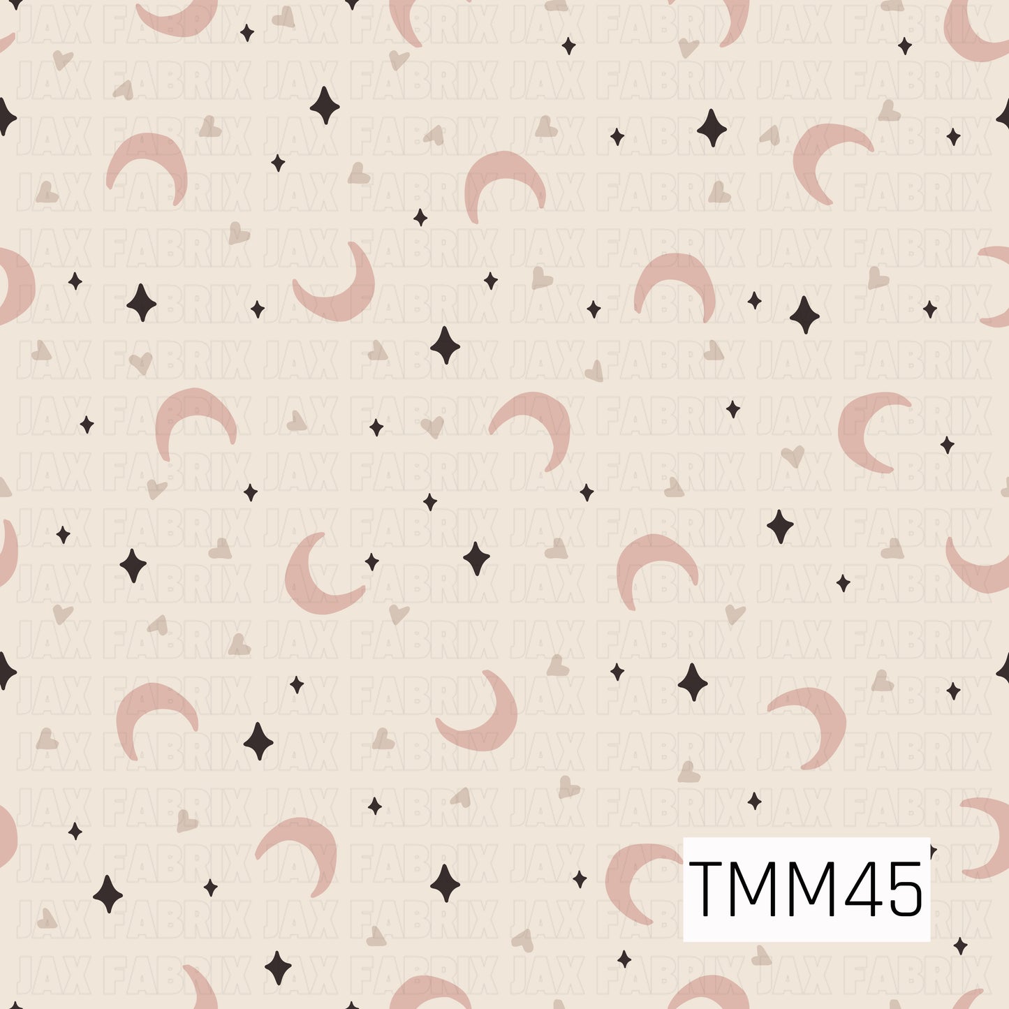 Soft dusty blush crescent moons are scattered across a warm cream background with tiny taupe hearts and black twinkling stars, creating a subtle celestial pattern with a cozy, minimalist aesthetic.