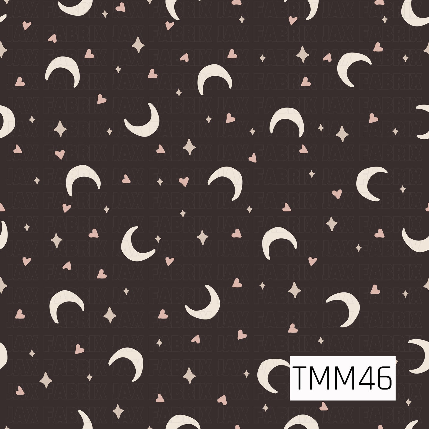 Cream crescent moons are scattered across a rich charcoal background with soft blush hearts and tiny twinkling stars, creating a simple celestial pattern with a cozy, modern feel.