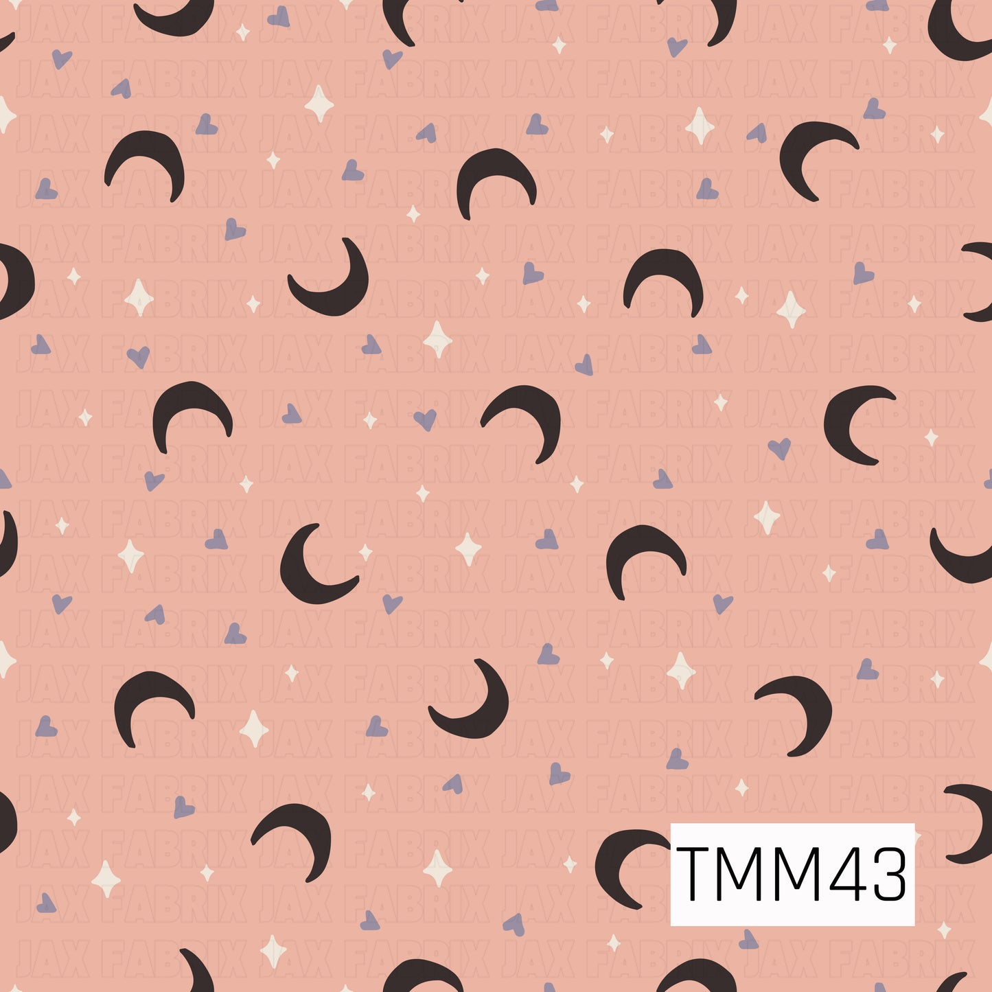 Black crescent moons are scattered across a soft blush pink background with tiny lavender hearts and white twinkling stars, creating a simple celestial design with a sweet, whimsical feel.