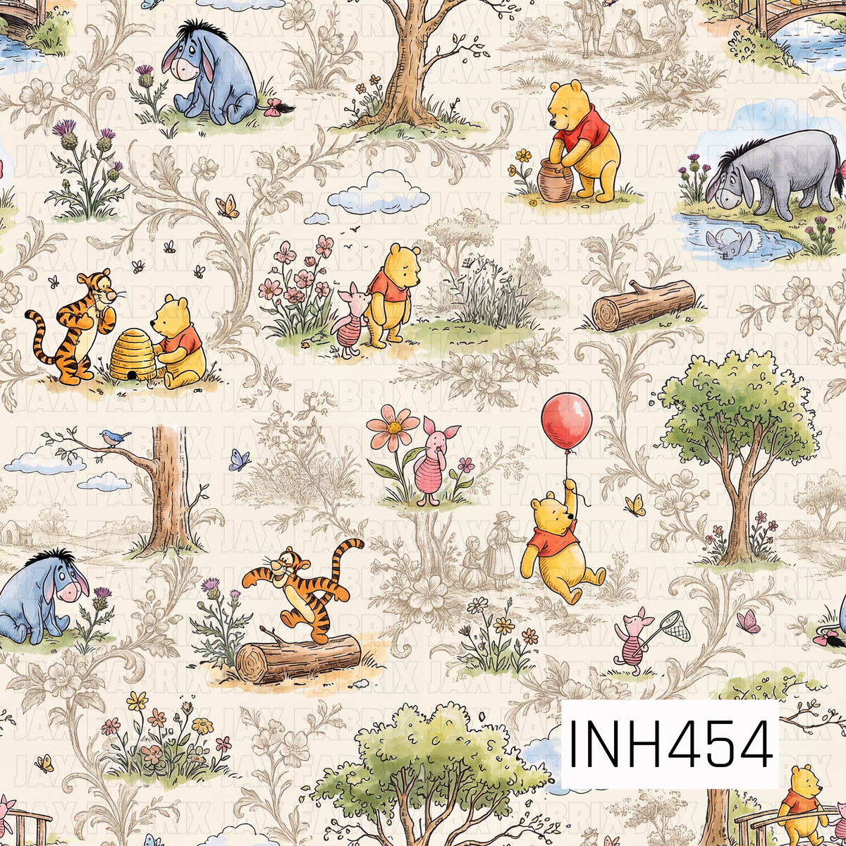 A charming vintage-inspired toile pattern featuring Winnie the Pooh, Piglet, Tigger, and Eeyore enjoying sweet woodland adventures. Delicate hand-drawn floral vines, blooming wildflowers, leafy trees, butterflies, and scenic countryside illustrations fill the soft cream background. Muted shades of honey yellow, dusty blue, sage green, blush pink, and warm beige give this whimsical design a timeless, storybook feel.