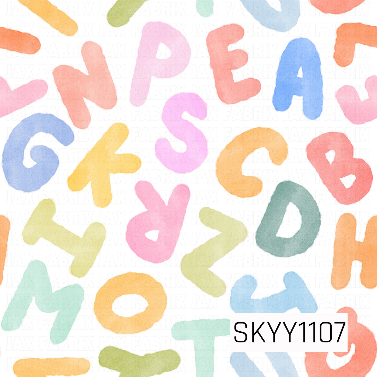 A playful watercolor alphabet pattern featuring oversized pastel letters in shades of coral, blue, pink, yellow, green, and teal scattered across a crisp white background. The hand-painted look gives this design a fun, whimsical feel.