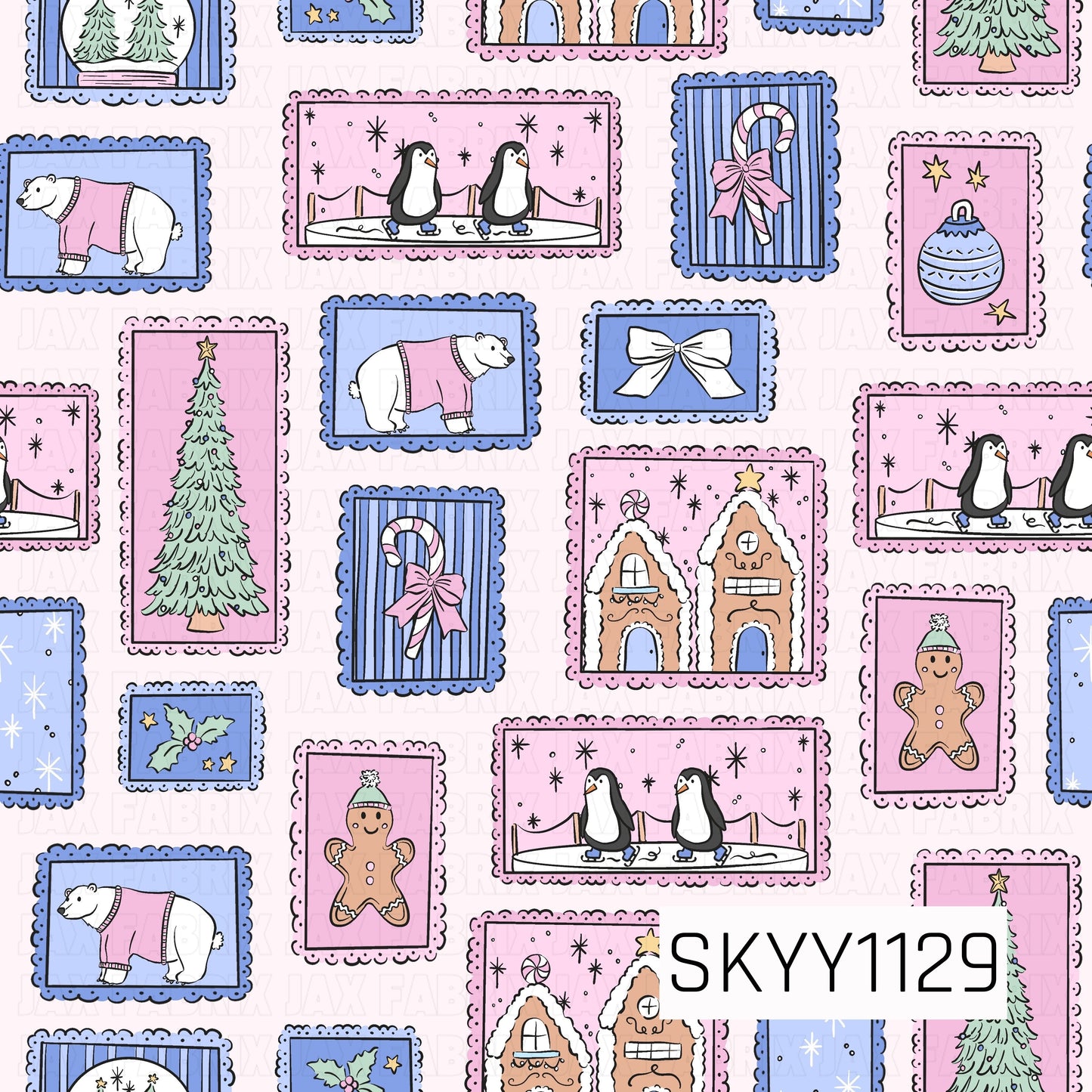 A playful winter holiday seamless pattern featuring whimsical framed illustrations of penguins ice skating, polar bears in pink sweaters, gingerbread houses and cookies, Christmas trees, candy canes, ornaments, bows, holly, and snowy accents. A cheerful palette of pastel pink, periwinkle blue, mint green, and warm gingerbread brown gives the design a sweet, retro-inspired Christmas feel.