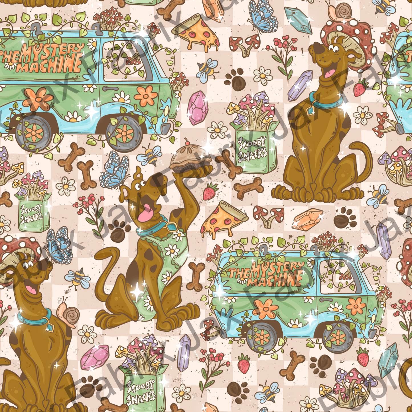 Whimsical Mystery Dog Cottagecore Tan Check PC469