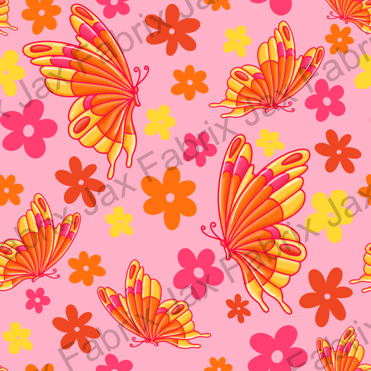 Groovy Pink Flowers and Butterflies ZR142