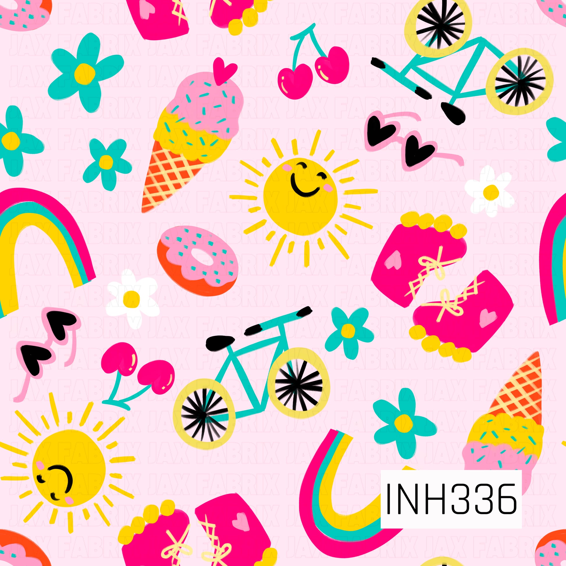 A bright and playful summer-themed pattern featuring smiling suns, rainbow arches, bicycles, cherries, ice cream cones, frosted donuts, heart-shaped sunglasses, flowers, and pink roller skates. Scattered across a soft pink background, the bold neon-inspired palette of hot pink, turquoise, yellow, orange, and black creates a fun retro vibe full of sunshine, sweetness, and carefree summer adventures.
