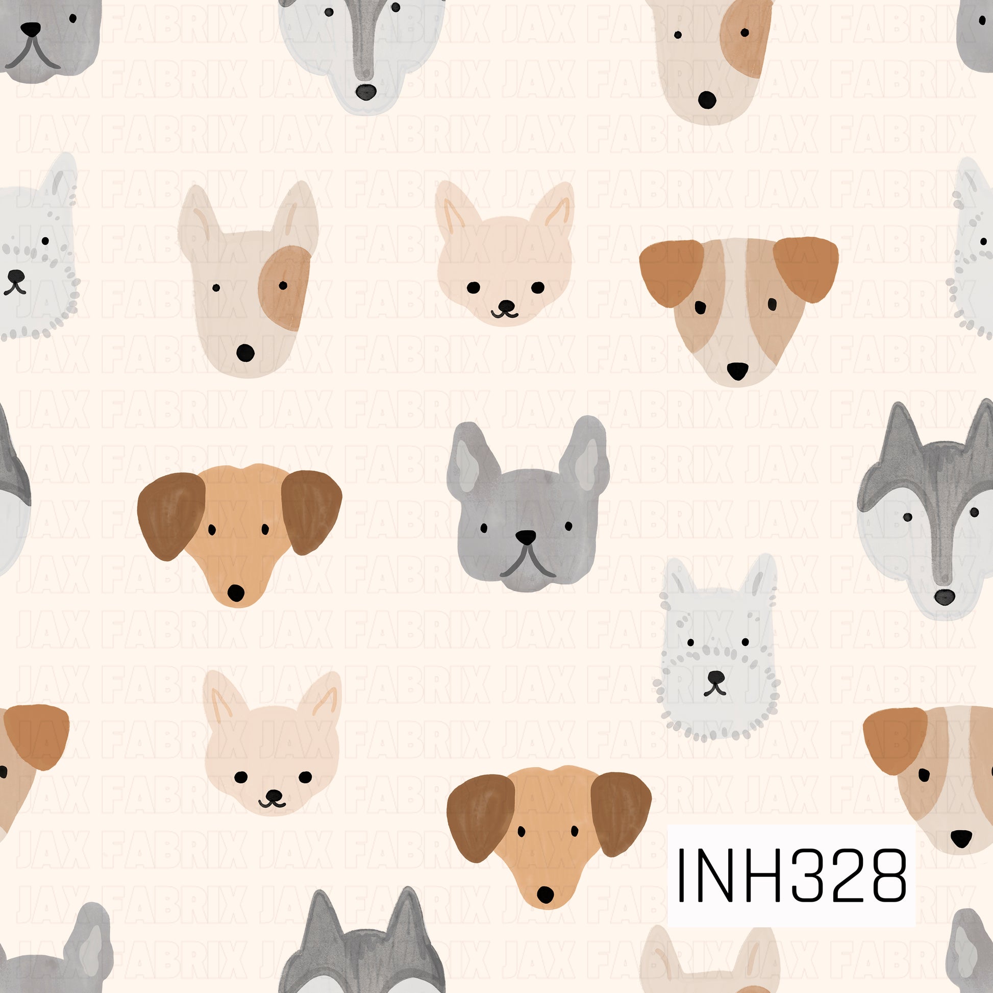 A cute, minimalist pattern featuring illustrated dog faces in a soft neutral palette. Various breeds, including French bulldogs, dachshunds, terriers, and mixed-breed pups, are scattered across a warm cream background. The simple hand-painted style and gentle shades of gray, tan, beige, and brown create a playful yet modern pet-themed design.
