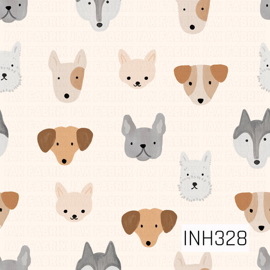 A cute, minimalist pattern featuring illustrated dog faces in a soft neutral palette. Various breeds, including French bulldogs, dachshunds, terriers, and mixed-breed pups, are scattered across a warm cream background. The simple hand-painted style and gentle shades of gray, tan, beige, and brown create a playful yet modern pet-themed design.
