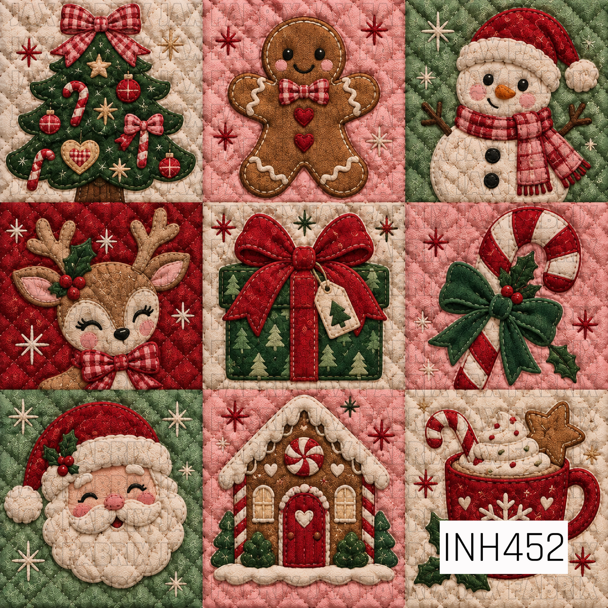 An adorable Christmas patchwork design featuring nine festive quilted squares with a textured, embroidered appearance. Charming holiday motifs include Santa, a reindeer, gingerbread man, snowman, Christmas tree, wrapped present, candy canes, gingerbread house, and hot cocoa. Rich reds, forest greens, blush pinks, and warm creams combine with gingham bows, stitched stars, and layered appliqué details for a cozy, handmade holiday feel.
