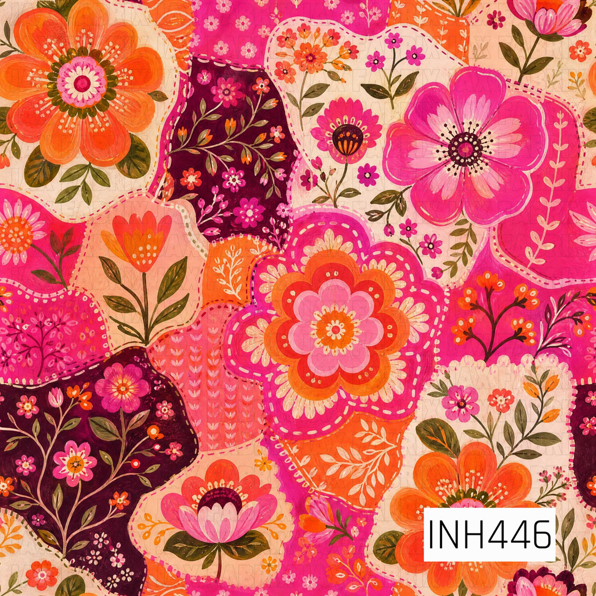 A vibrant boho floral patchwork pattern featuring oversized hand-painted flowers, delicate botanical sprigs, and layered decorative blooms. Bright pink, coral, orange, cream, and deep burgundy tones create a bold, cheerful design with a whimsical folk-art feel.

