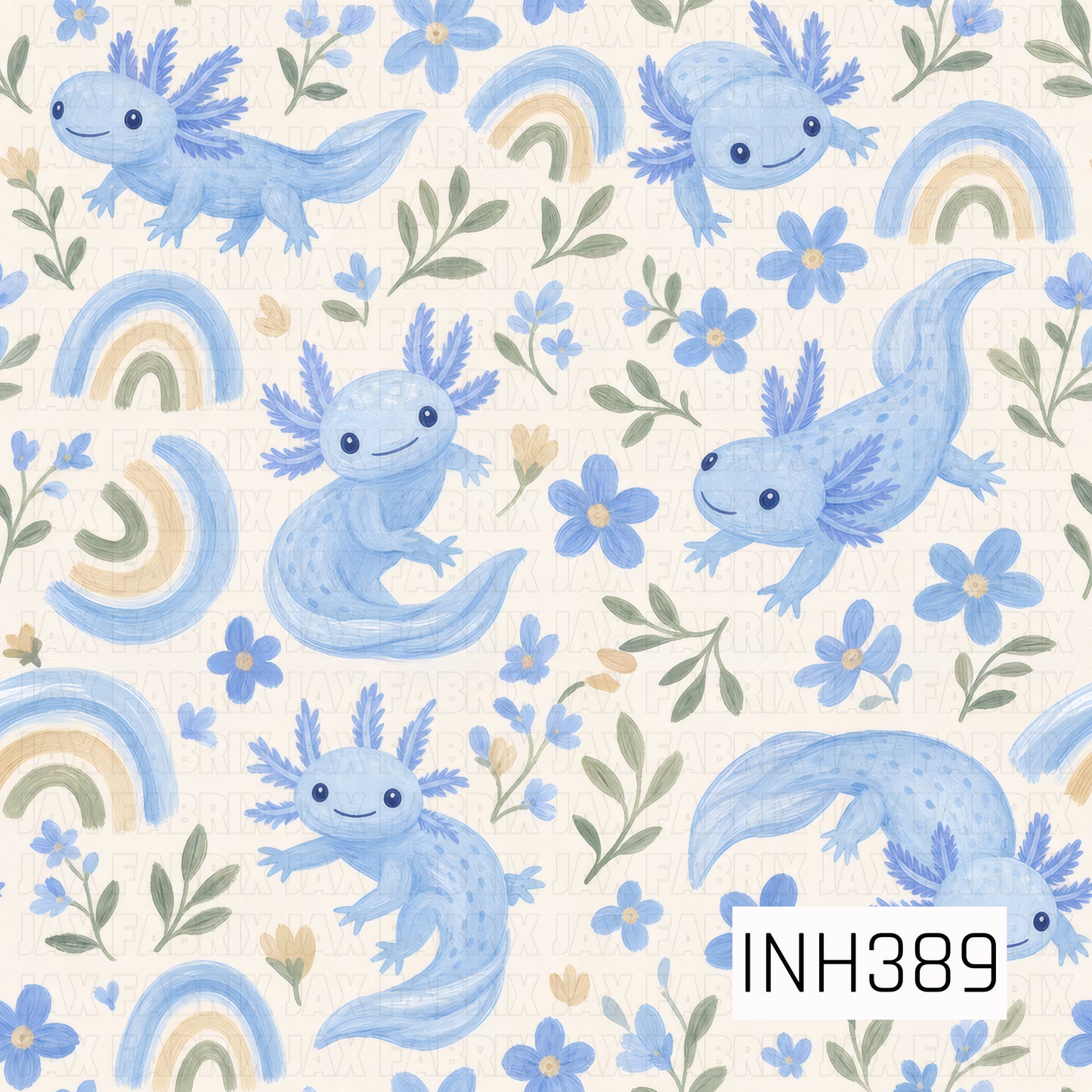 A sweet and whimsical pattern featuring adorable blue axolotls surrounded by soft watercolor rainbows, delicate blue wildflowers, and leafy greenery on a warm cream background. The gentle palette of sky blue, sage green, and buttery beige creates a playful, calming design with a charming storybook feel.
