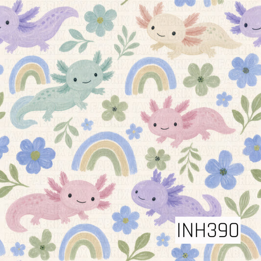 A whimsical pastel pattern featuring adorable watercolor axolotls in soft shades of pink, lavender, mint, and cream, surrounded by delicate blue flowers, leafy sprigs, and muted rainbow accents. Set against a warm cream background, the gentle colors and playful illustrations create a sweet, dreamy design with a charming storybook feel.
