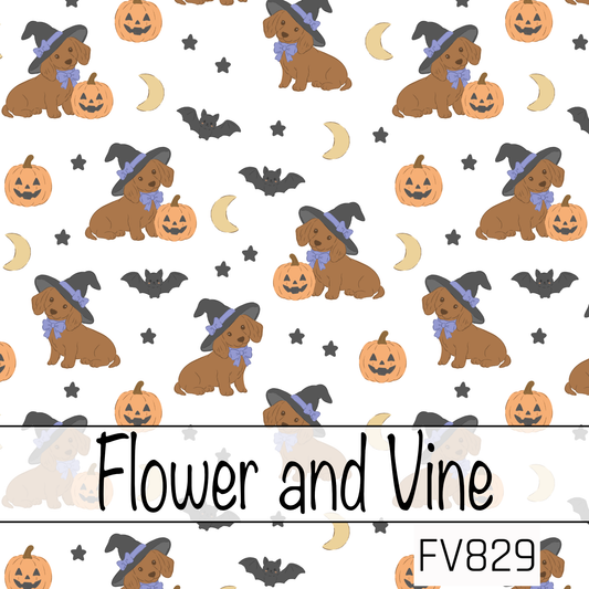 A playful seamless Halloween pattern featuring adorable brown dachshunds wearing black witch hats with periwinkle blue bows, surrounded by smiling jack-o'-lanterns, flying bats, crescent moons, and tiny black stars on a crisp white background. This charming design brings together cute pups and spooky seasonal details for a fun Halloween look.
