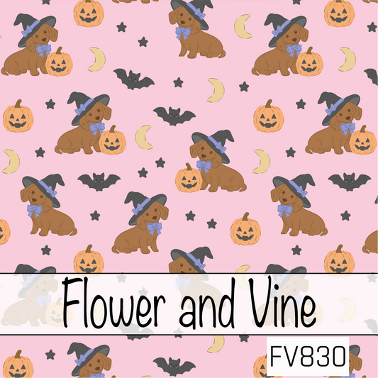 A playful seamless Halloween pattern featuring adorable brown dachshunds wearing black witch hats with periwinkle blue bows, surrounded by smiling jack-o'-lanterns, flying bats, crescent moons, and tiny black stars on a soft pink background. This sweet and spooky design combines festive Halloween details with charming pups for a fun pastel seasonal look.
