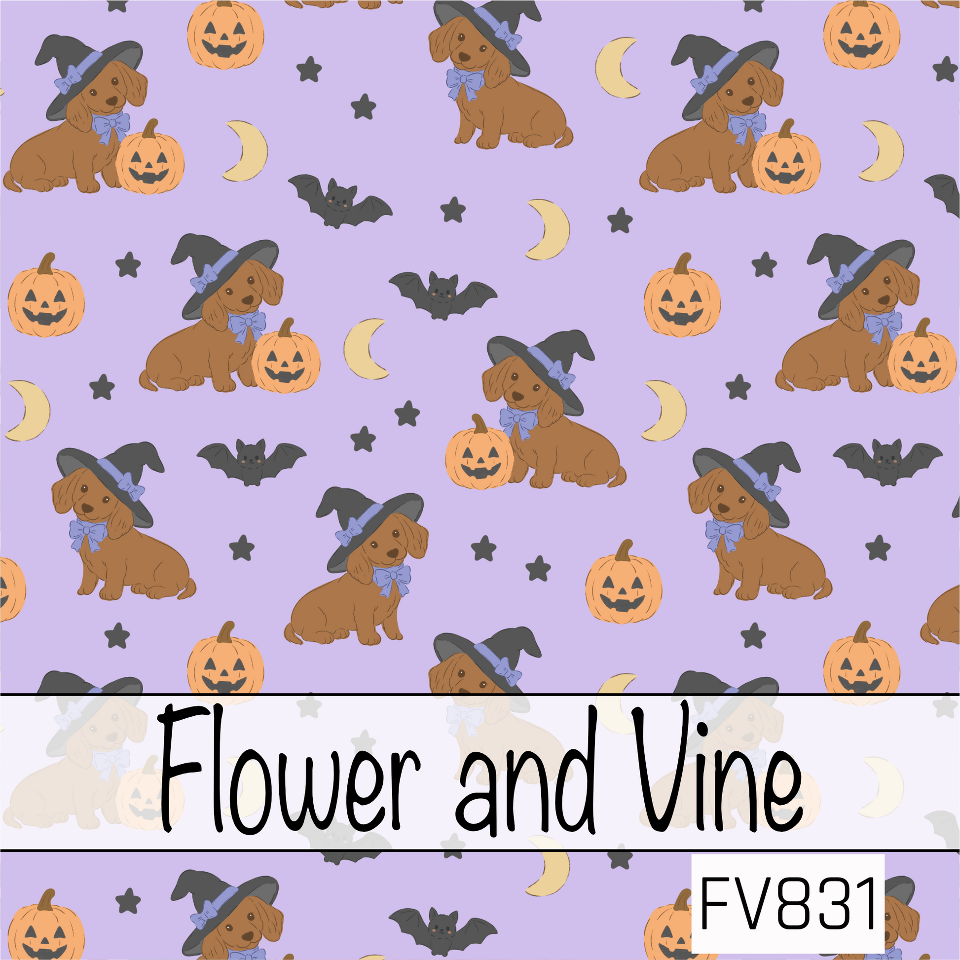 A playful seamless Halloween pattern featuring adorable brown dachshunds wearing black witch hats with periwinkle blue bows, surrounded by smiling jack-o'-lanterns, flying bats, crescent moons, and tiny black stars on a soft lavender background. The whimsical pastel color palette adds a sweet, cozy twist to classic Halloween charm.
