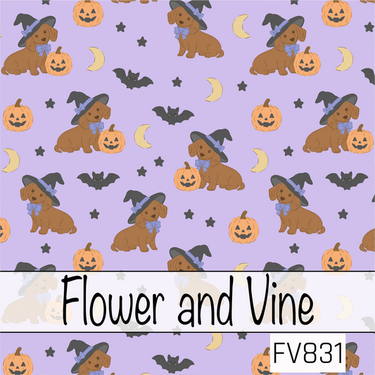 A playful seamless Halloween pattern featuring adorable brown dachshunds wearing black witch hats with periwinkle blue bows, surrounded by smiling jack-o'-lanterns, flying bats, crescent moons, and tiny black stars on a soft lavender background. The whimsical pastel color palette adds a sweet, cozy twist to classic Halloween charm.
