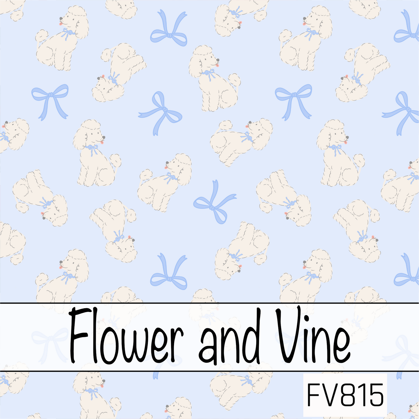 A sweet seamless pattern featuring fluffy white poodles with powder blue bows scattered across a soft baby blue background. Delicate blue ribbon bows are sprinkled throughout, creating a playful and charming design with a light, whimsical feel.

