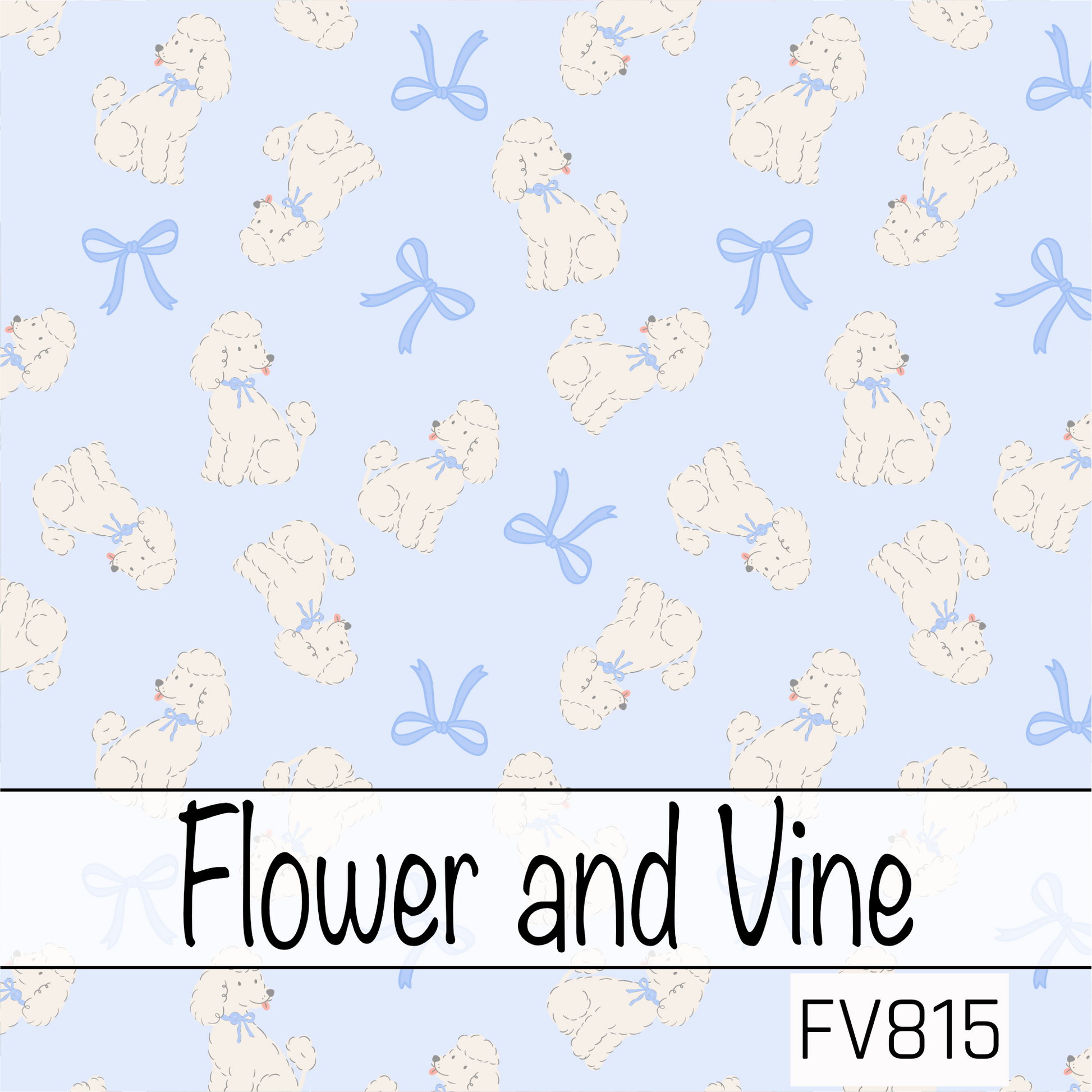 A sweet seamless pattern featuring fluffy white poodles with powder blue bows scattered across a soft baby blue background. Delicate blue ribbon bows are sprinkled throughout, creating a playful and charming design with a light, whimsical feel.
