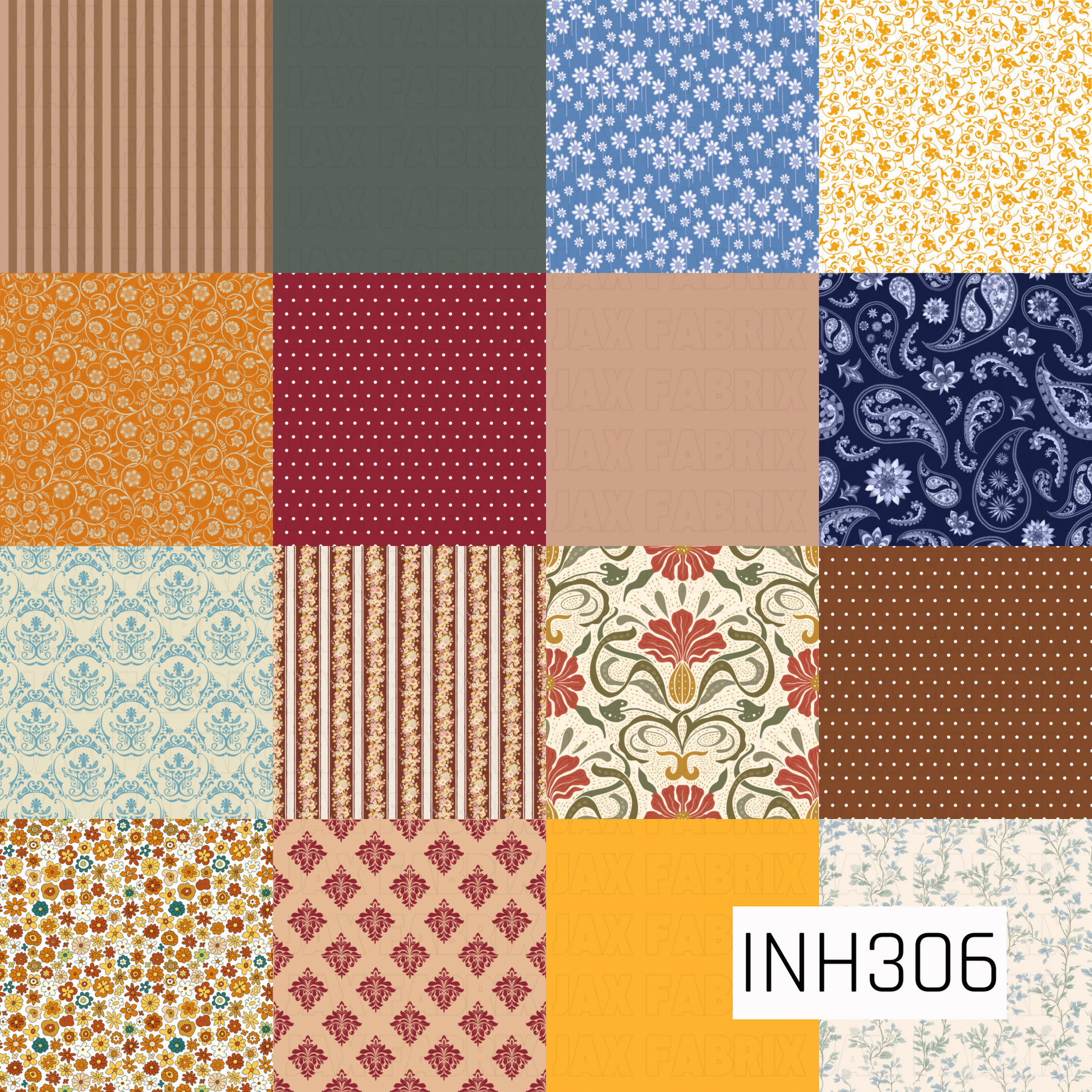 A charming patchwork design featuring vintage florals, paisleys, stripes, and polka dots in warm shades of navy, mustard, rust, cream, sage, and blue. Inspired by heirloom quilts and timeless country charm, this print brings together a beautiful mix of classic patterns.
