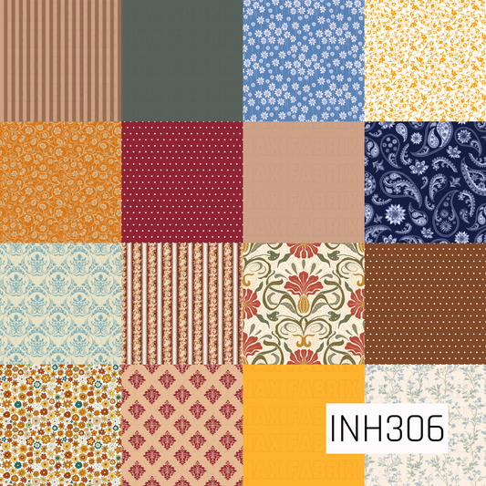 A charming patchwork design featuring vintage florals, paisleys, stripes, and polka dots in warm shades of navy, mustard, rust, cream, sage, and blue. Inspired by heirloom quilts and timeless country charm, this print brings together a beautiful mix of classic patterns.
