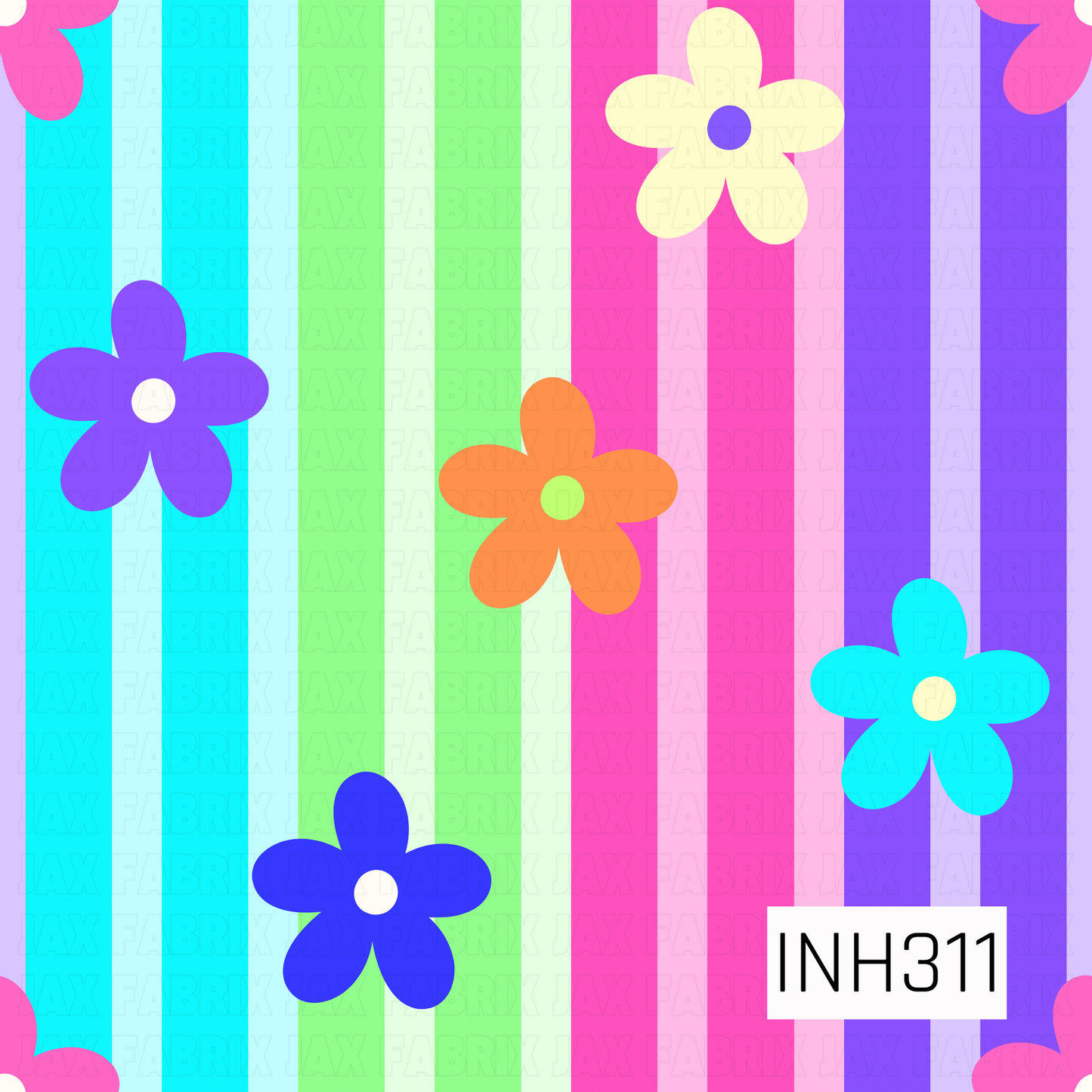 Bold retro flowers in vibrant shades of blue, purple, orange, and aqua are scattered across colorful rainbow-striped backgrounds, creating a fun, groovy design inspired by vintage flower power and playful 70s style.
