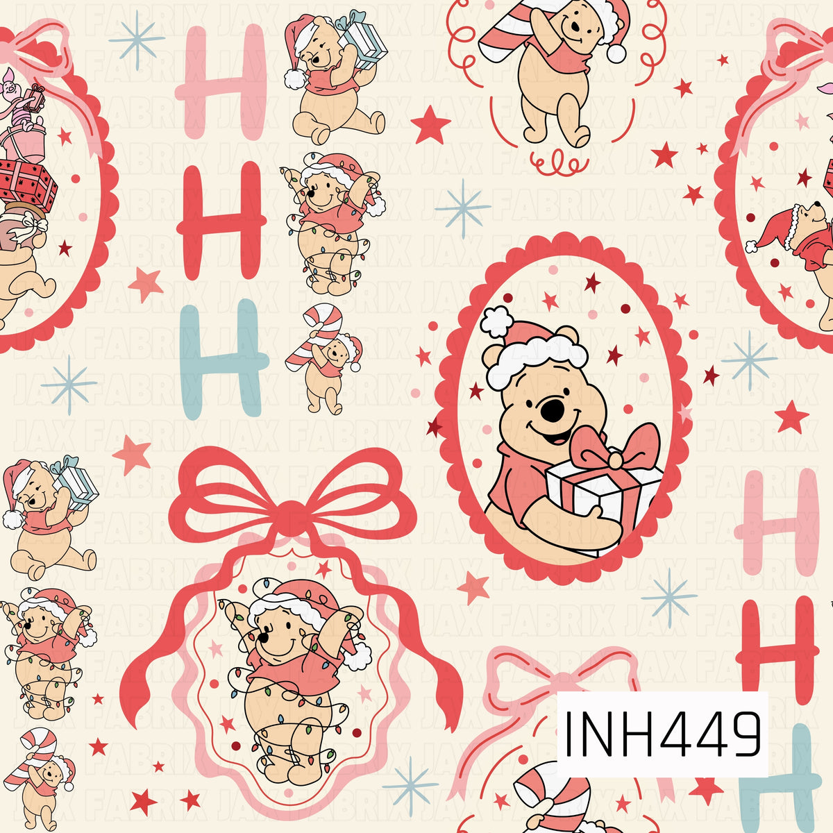 A playful Christmas pattern featuring a classic honey-loving bear dressed for the holidays with Santa hats, gifts, candy canes, and colorful Christmas lights. Framed scenes, oversized bows, stars, and “HO HO HO” lettering are scattered across a warm cream background in shades of red, pink, and soft icy blue.
