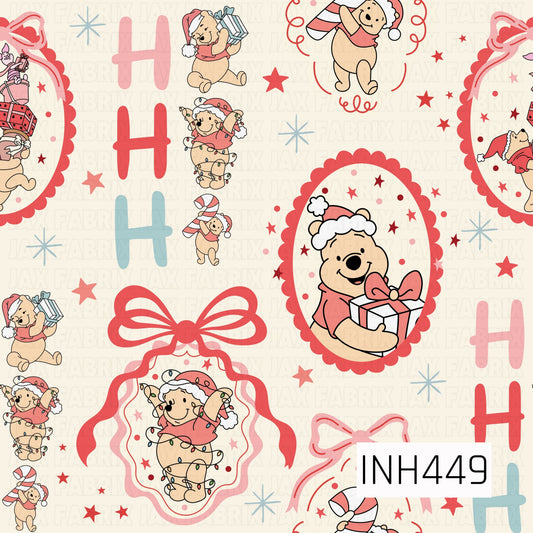 A playful Christmas pattern featuring a classic honey-loving bear dressed for the holidays with Santa hats, gifts, candy canes, and colorful Christmas lights. Framed scenes, oversized bows, stars, and “HO HO HO” lettering are scattered across a warm cream background in shades of red, pink, and soft icy blue.
