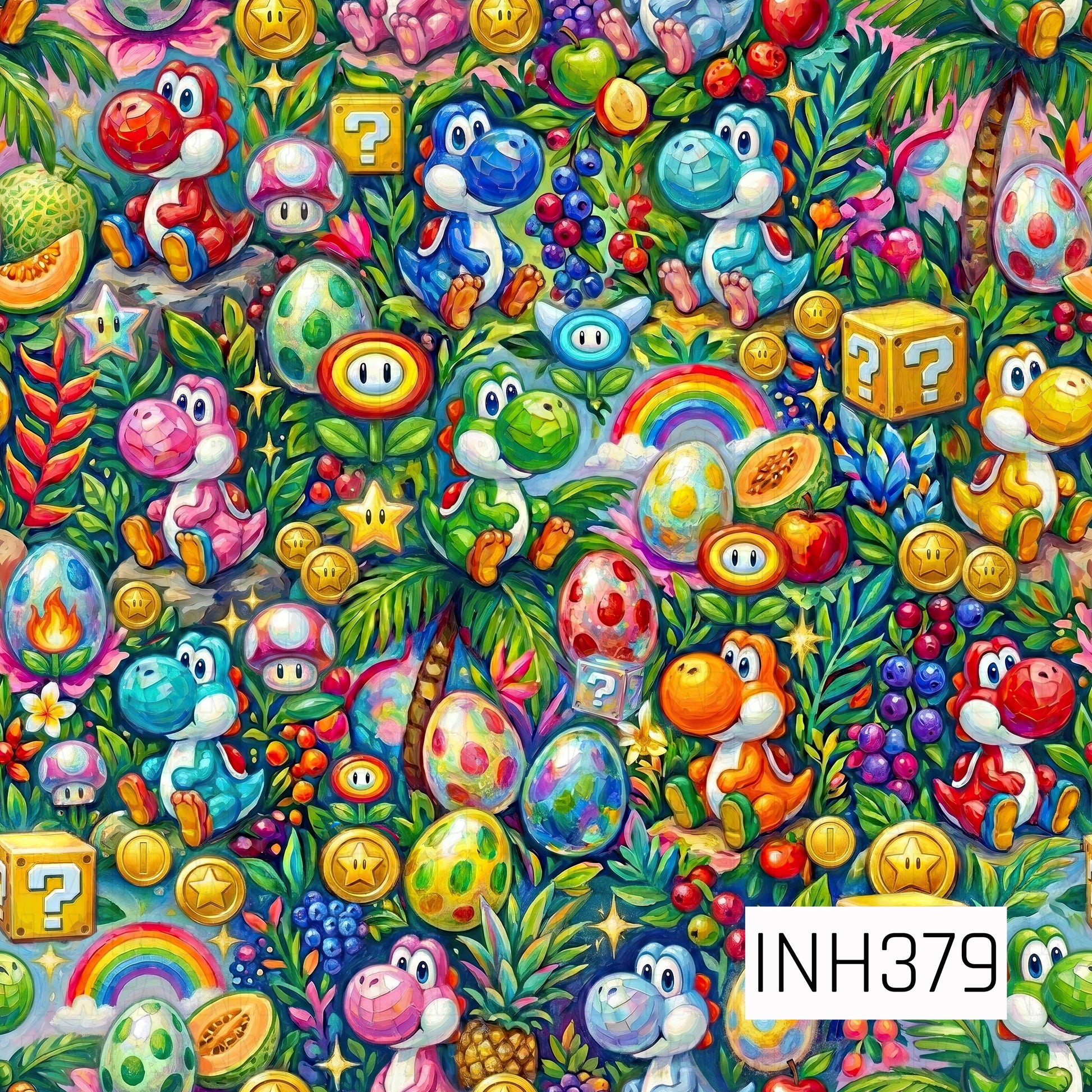 A vibrant seamless pattern featuring colorful Yoshi characters surrounded by rainbow-speckled eggs, tropical fruits, glowing stars, question blocks, coins, and whimsical jungle foliage. Bright rainbows, playful mushrooms, and lush greenery create a fun, adventurous design bursting with nostalgic gaming charm and bold, cheerful colors.
