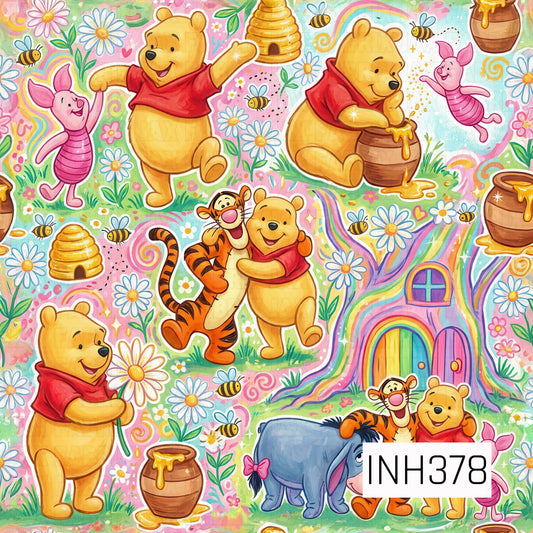 A cheerful seamless pattern featuring beloved woodland friends surrounded by honey pots, buzzing bees, beehives, colorful daisies, rainbows, and a whimsical treehouse on a soft pastel watercolor background. Sweet scenes of friendship and adventure create a playful storybook design filled with warmth, happiness, and classic woodland charm.
