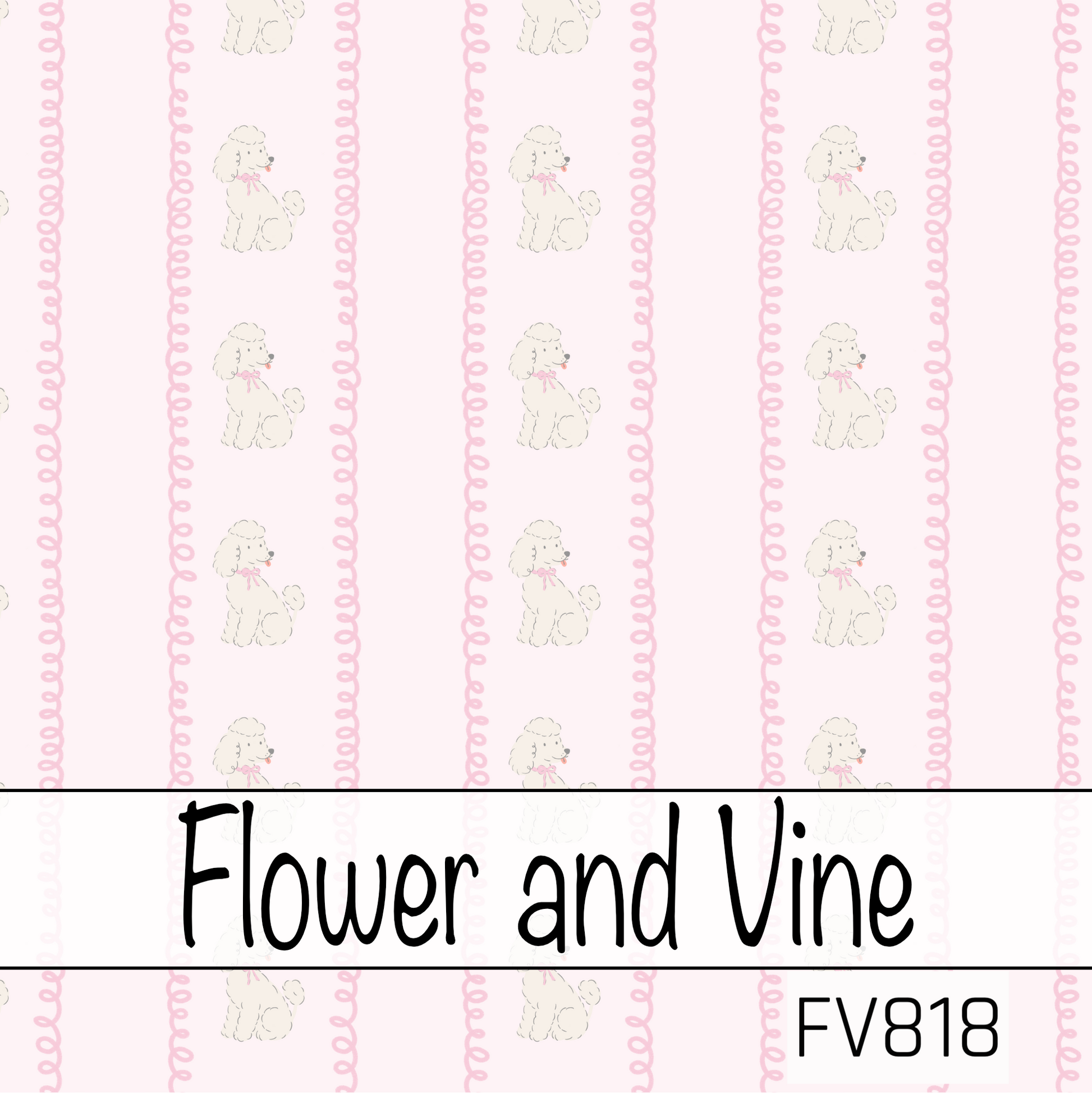 A delicate seamless pattern featuring sweet white poodles accented with tiny pink bows, arranged in neat vertical rows between whimsical pink squiggle stripes on a soft blush background. This simple, feminine design offers a charming boutique feel with a clean and classic look.
