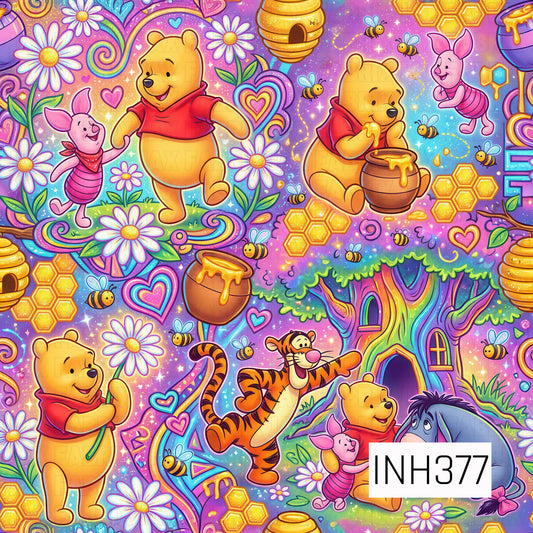 A vibrant seamless pattern featuring beloved woodland friends surrounded by honey pots, buzzing bees, honeycombs, cheerful daisies, colorful hearts, rainbows, and whimsical forest details. Set against a dreamy rainbow-hued background with sparkling accents and a magical treehouse, this playful design is filled with friendship, sweetness, and storybook charm.
