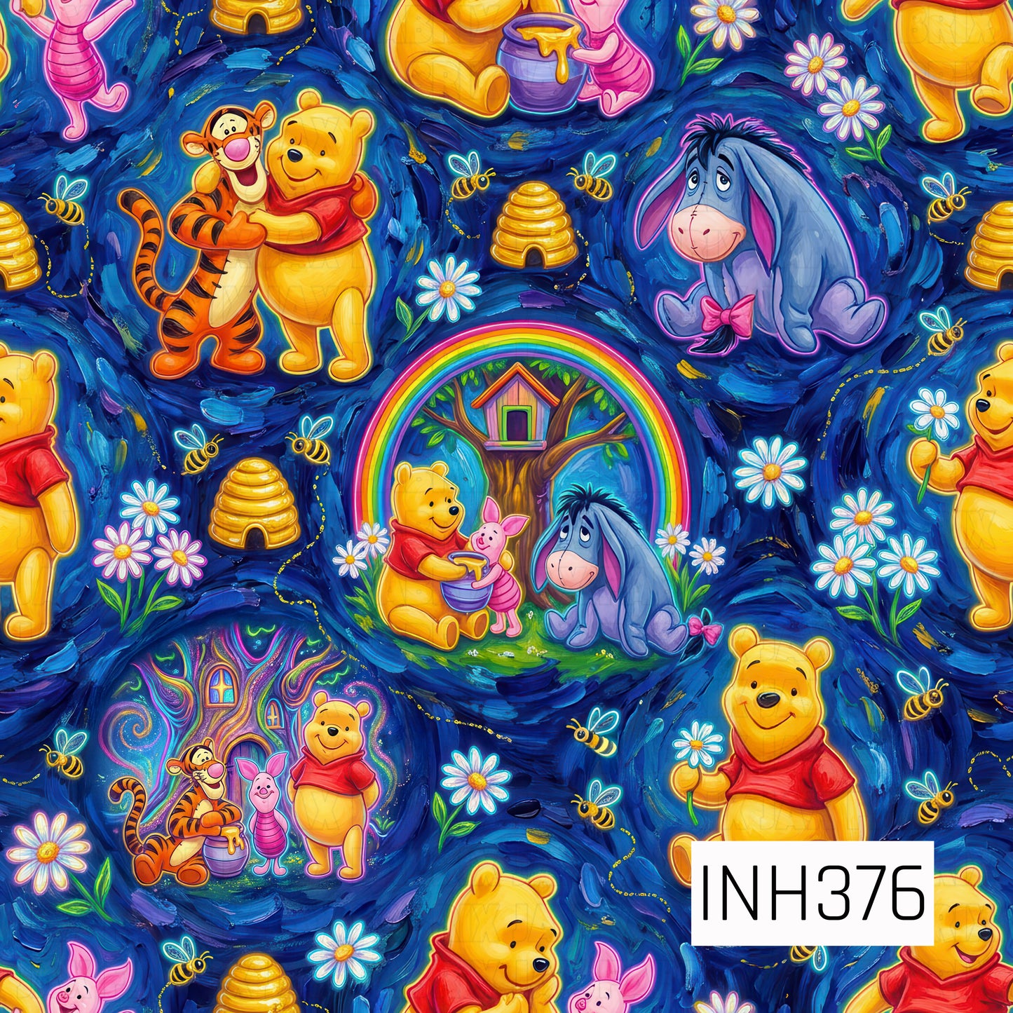 A whimsical seamless pattern featuring beloved woodland friends surrounded by honey pots, buzzing bees, beehives, daisies, rainbows, and cozy storybook scenes on a rich navy blue painted background. Cheerful illustrations of the lovable bear and his friends create a warm, nostalgic design filled with friendship, adventure, and sweet woodland charm.

