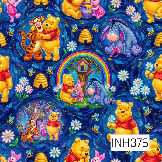 A whimsical seamless pattern featuring beloved woodland friends surrounded by honey pots, buzzing bees, beehives, daisies, rainbows, and cozy storybook scenes on a rich navy blue painted background. Cheerful illustrations of the lovable bear and his friends create a warm, nostalgic design filled with friendship, adventure, and sweet woodland charm.
