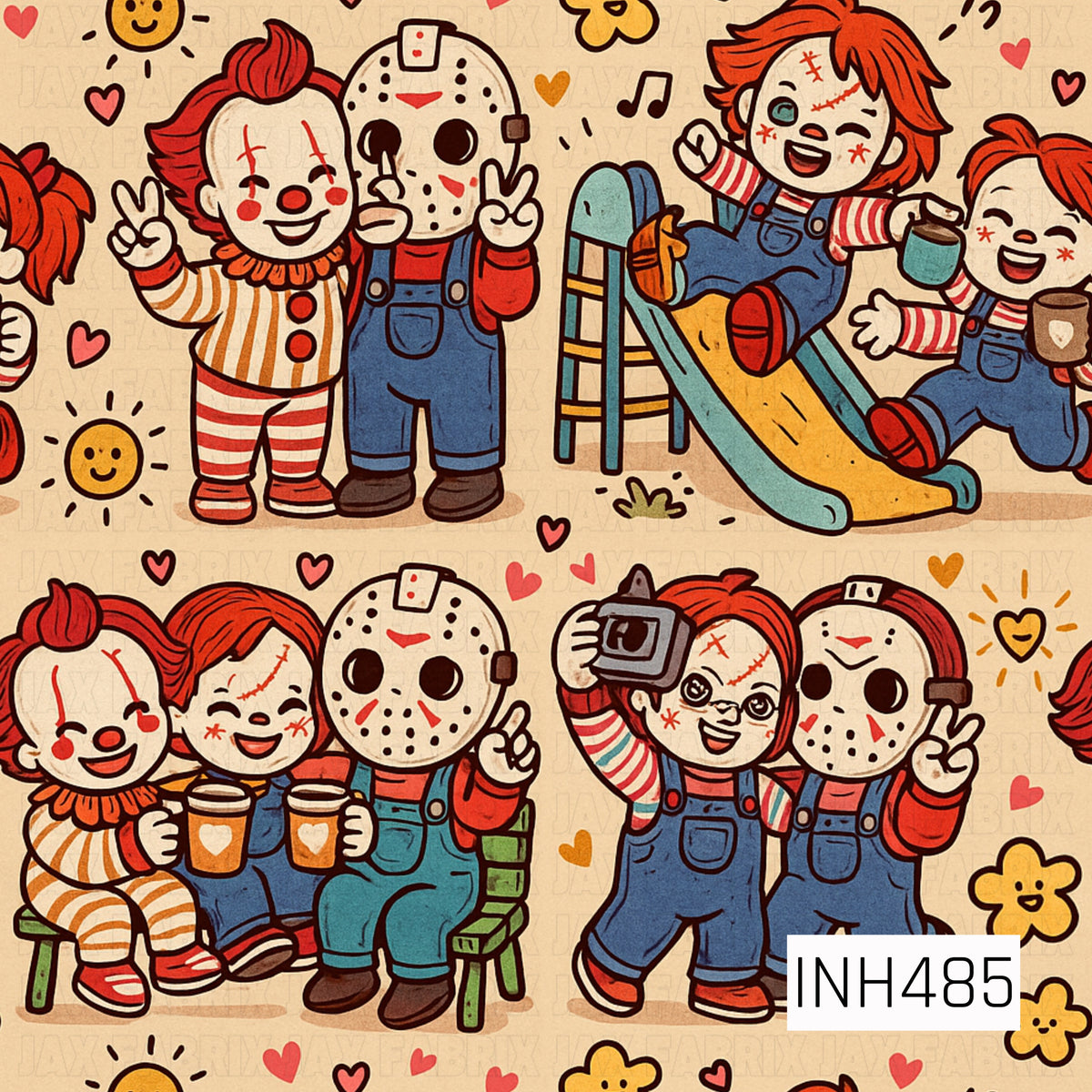 A playful retro horror-inspired pattern featuring cute cartoon-style masked and stitched characters posing together in fun, everyday scenes. Bright reds, deep blues, teal, orange, and cream create a vintage color palette, while scattered hearts, flowers, smiley suns, music notes, and whimsical doodles add a quirky, lighthearted touch to the spooky theme.