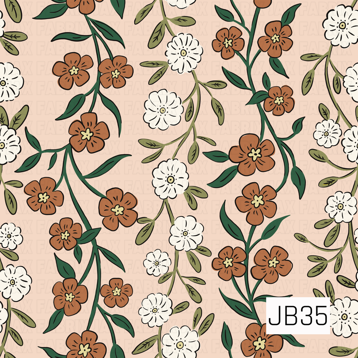 A hand-drawn floral pattern featuring warm rust-brown and creamy white flowers arranged along flowing leafy vines. Deep forest green and muted olive leaves add an earthy contrast, all set against a soft peachy-beige background. The bold black outlines and slightly whimsical flower shapes give it a cozy, modern folk-art feel.