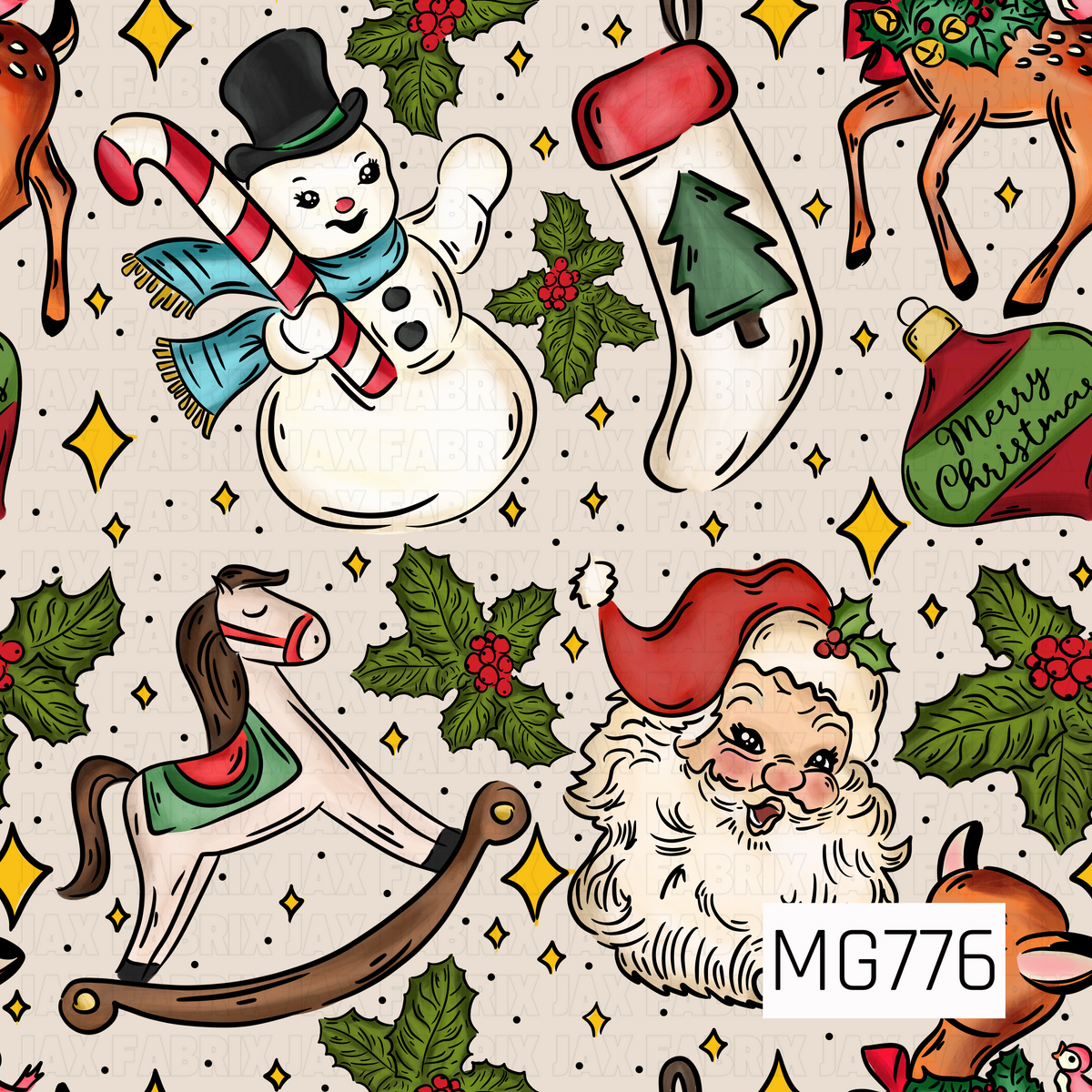 A nostalgic vintage Christmas pattern featuring a cheerful snowman wearing a black top hat and blue scarf, a smiling Santa Claus, a classic rocking horse, festive stockings, and adorable reindeer. Sprigs of green holly with bright red berries, golden sparkling stars, and scattered black dots decorate the warm cream beige background. The retro-inspired illustrations and traditional holiday colors create a charming, whimsical Christmas design.