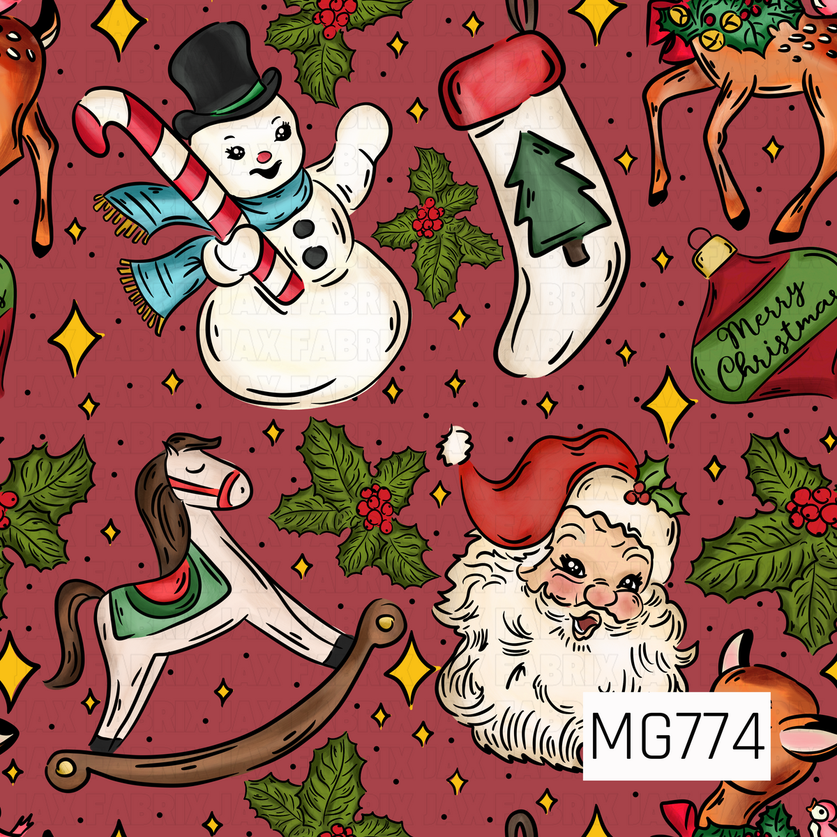 A nostalgic vintage Christmas pattern featuring a cheerful snowman in a black top hat and blue scarf, a smiling Santa Claus, a classic rocking horse, festive stockings, and adorable reindeer. Sprigs of green holly with bright red berries, golden sparkling stars, and scattered black dots decorate the muted cranberry red background. The retro-inspired illustrations and traditional holiday colors create a charming, whimsical Christmas design.