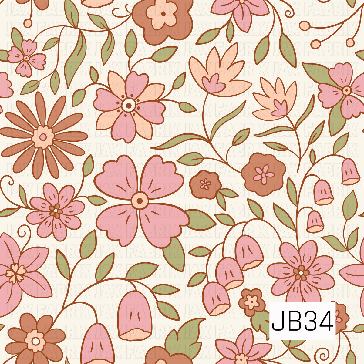 A playful retro floral pattern featuring a mix of oversized blooms, dainty flowers, bell-shaped blossoms, curling vines, and leafy sprigs. Soft pink, peach, terracotta, and muted olive green are outlined in warm rust brown against a creamy ivory background, giving the design a sweet vintage 70s-inspired feel.