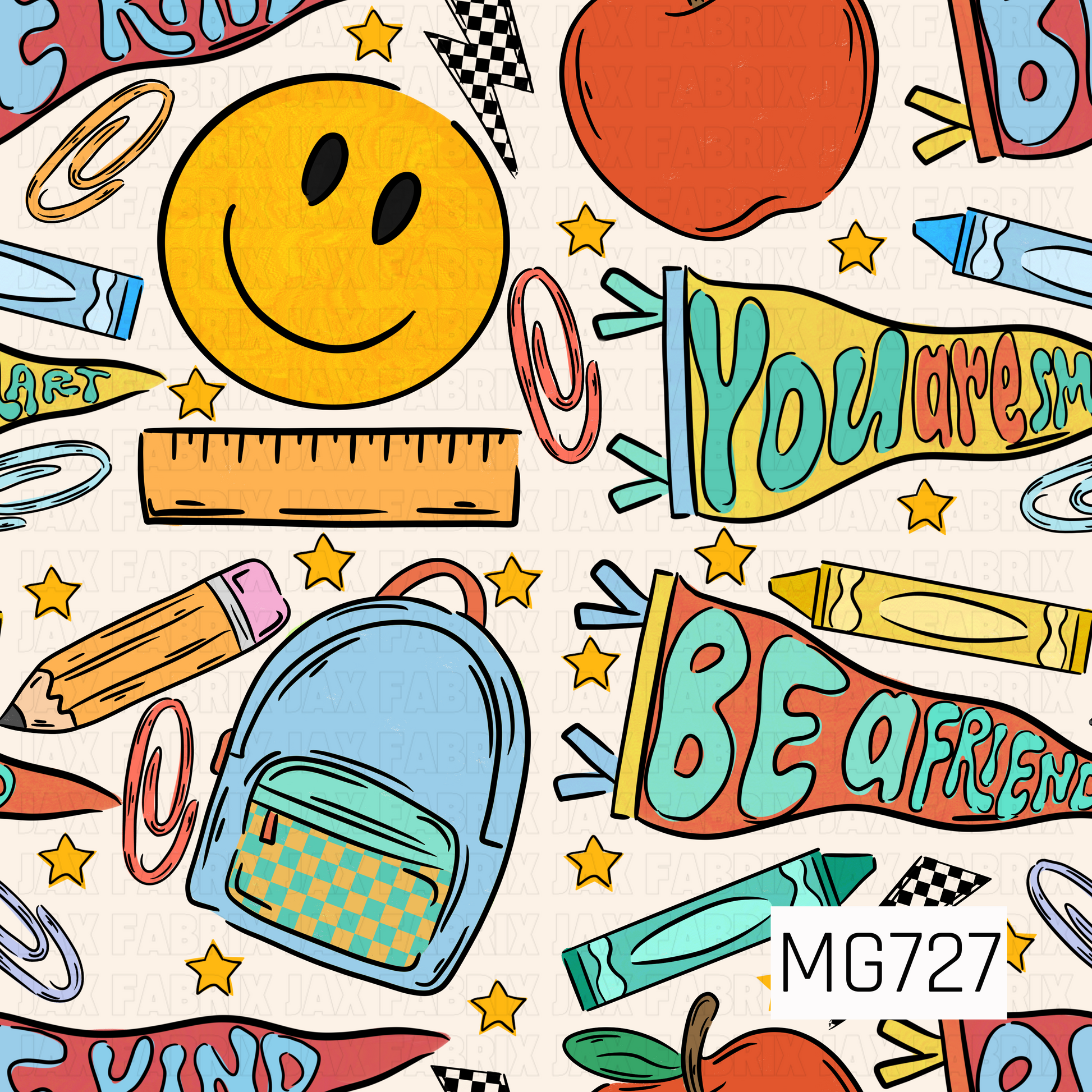 This playful school-themed design features a cheerful smiley face, backpack, apple, crayons, pencil, ruler, stars, paper clips, and colorful friendship pennants. Bright shades of blue, teal, yellow, orange, and red pop against a soft cream background for a fun, upbeat back-to-school look.
